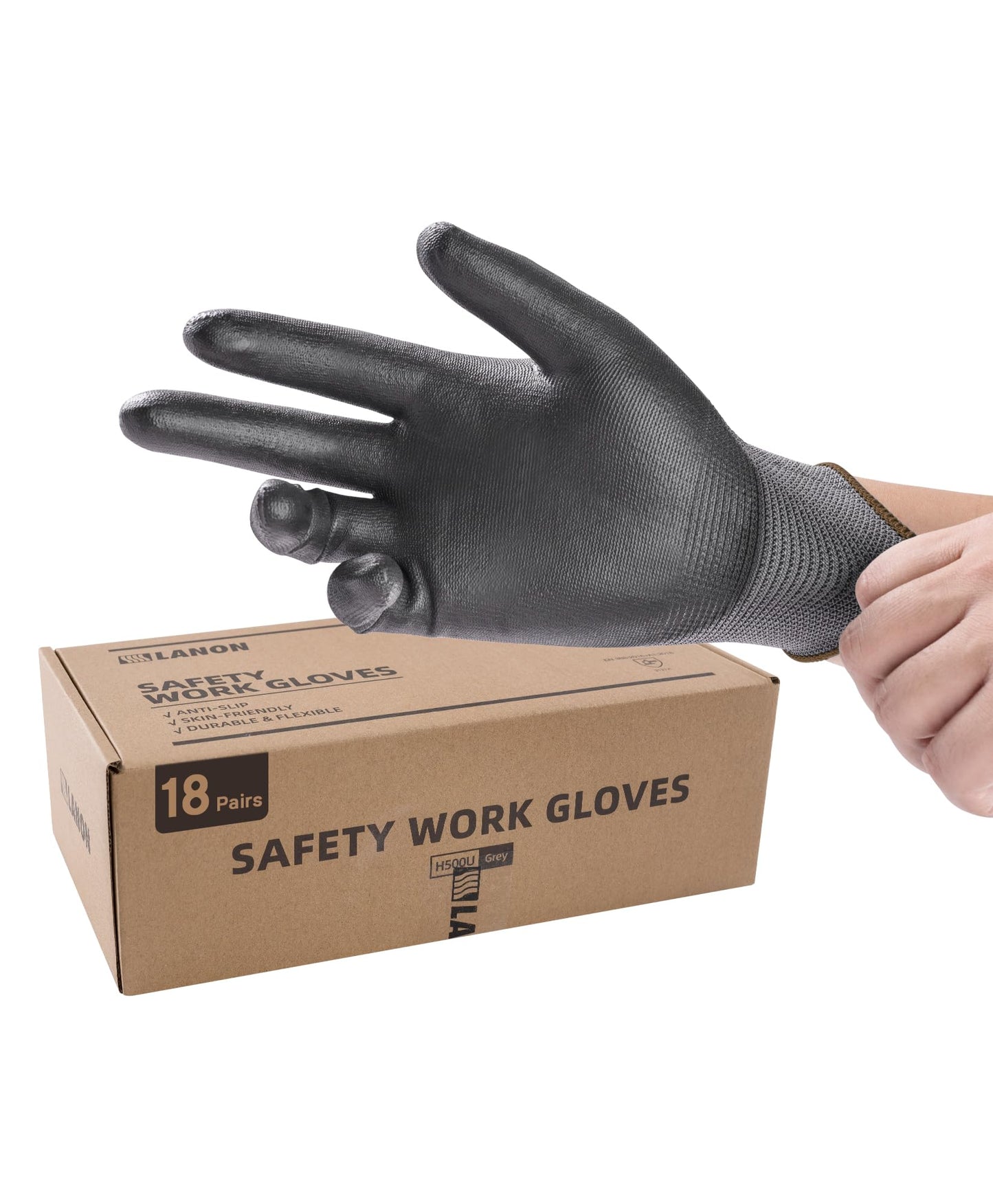 LANON 18 Pairs Safety Work Gloves, Mechanic Working Gloves for Men,Breathable PU Coated, Seamless Knit,Double Wash, Grey, Large