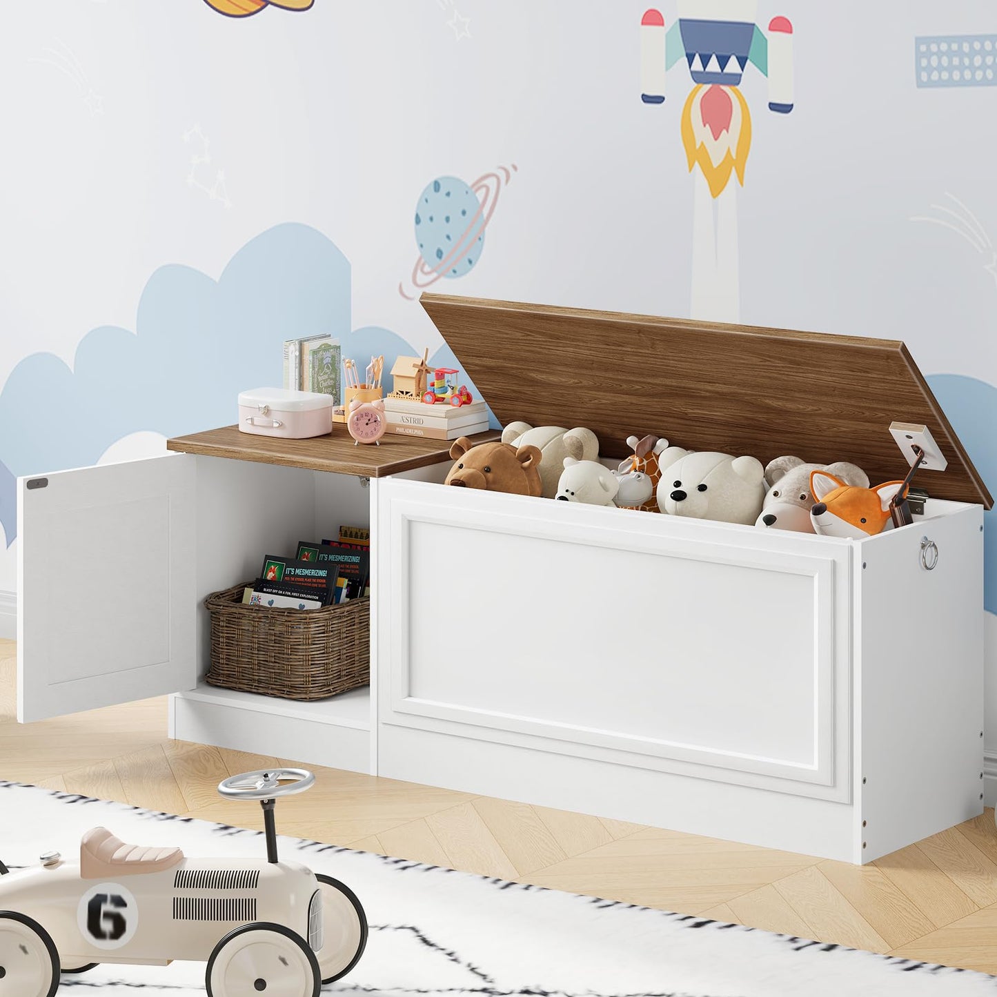 HOOBRO Storage Bench, 47.2" Wooden Toy Box, Toy Chest with Safety Hinge, Farmhouse-Style Storage Chest, Entryway Bench, for Living Room, Bedroom, Hallway, White and Walnut WH54CW01