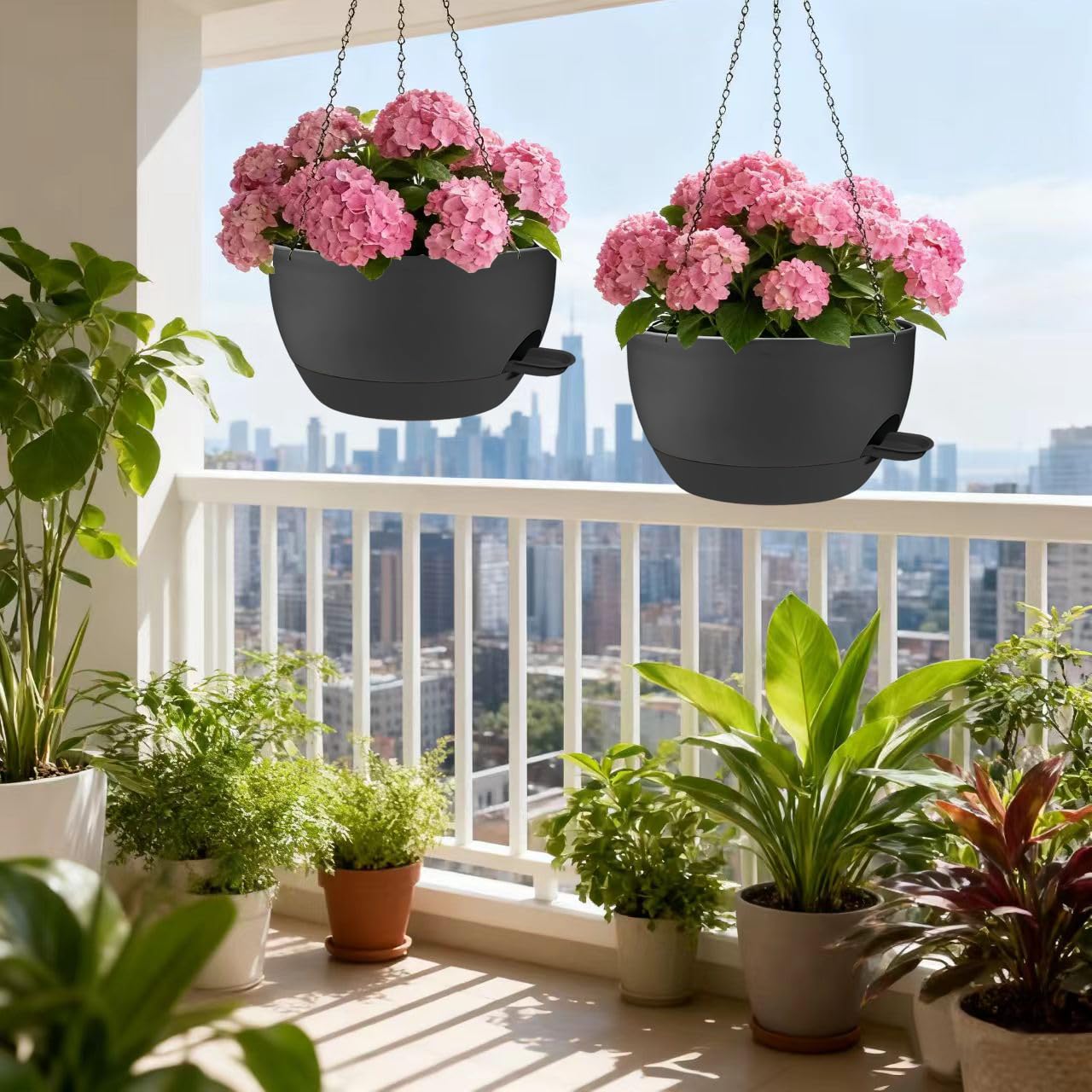 CNLBO 12 Inch Self Watering Hanging Planters 2 Pack, Indoor Outdoor Hanging Pots for Plants with Drainage Holes & Saucers, Black Plastic Hanging Baskets for Kitchen Balcony Garden