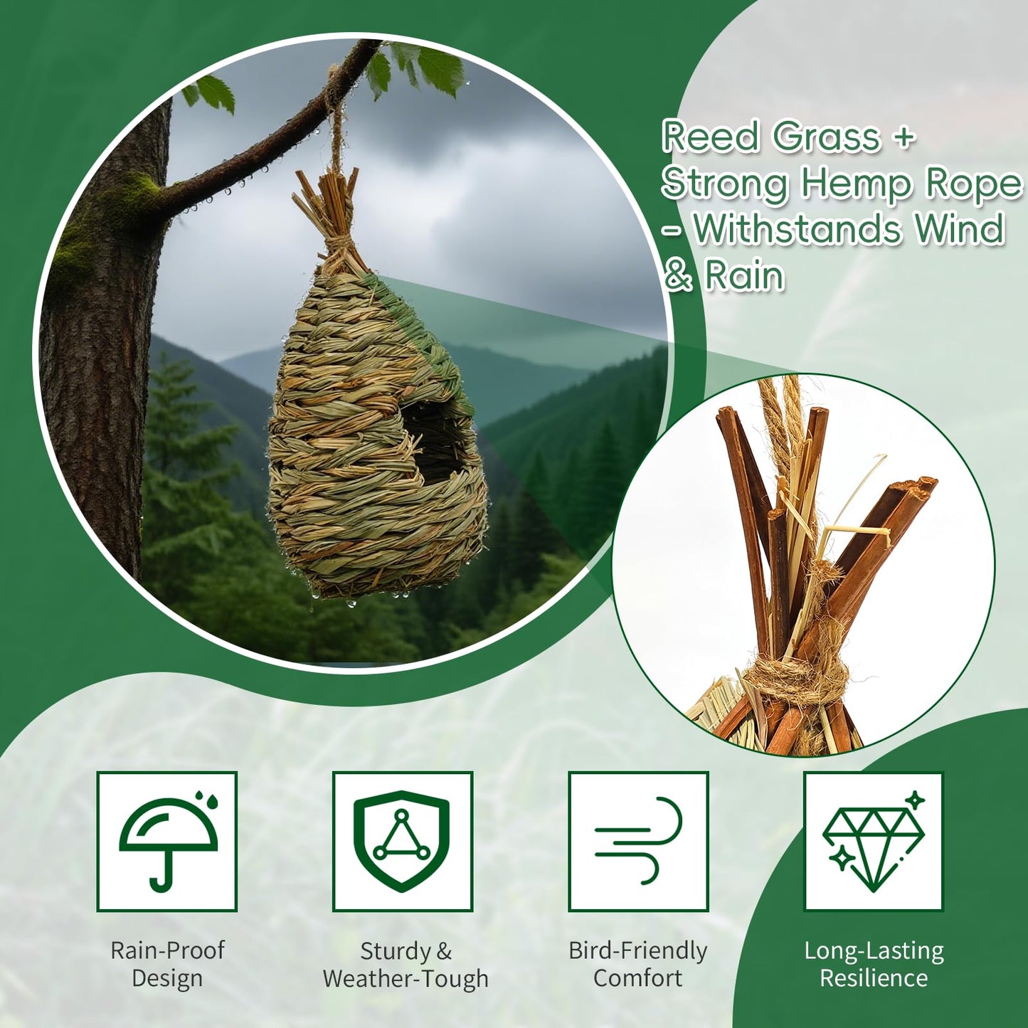 Gute Hummingbird Houses for Outside Hanging, Natural Grass Hanging Bird Hut, Hand Woven Bird Nest, Large Wren Finch Bird House for Garden Window Outdoor Home Decoration, 3 Pack