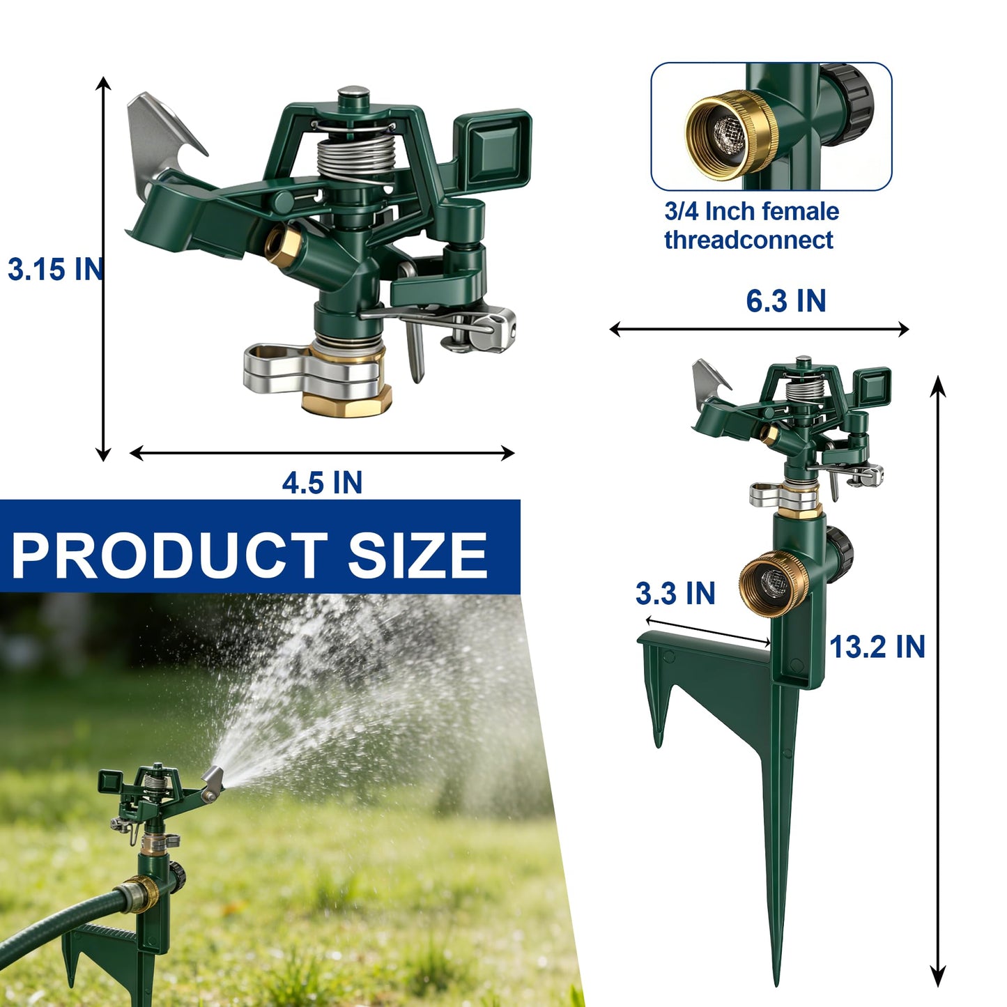 Hourleey 2 Pack Impact Sprinklers for Yard, Adjustable Pulsating Water Sprinkler Head on Step Spike, Zinc Alloy Lawn Sprinkler for 360 Degree Large Area Patio Garden Irrigation