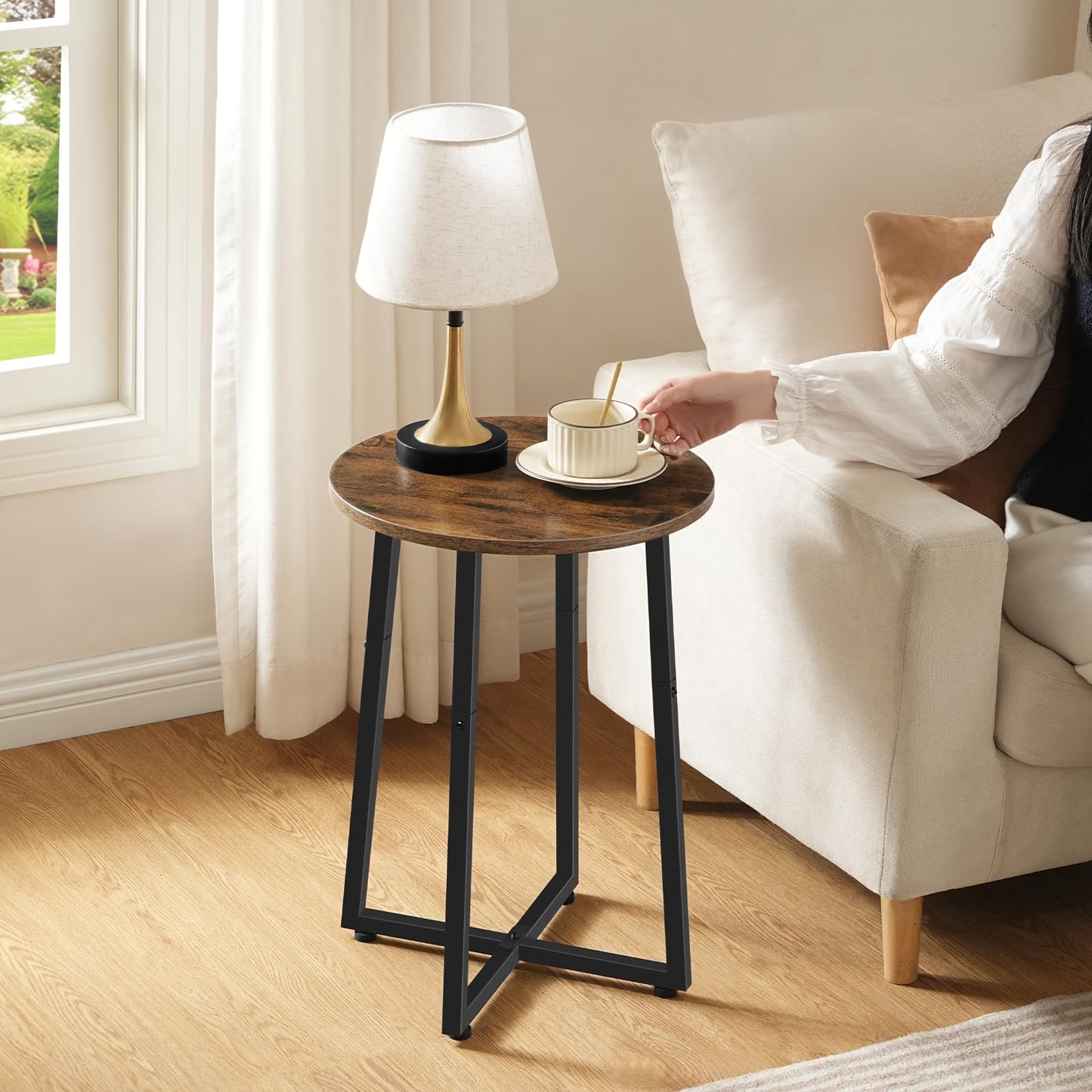 HOOBRO Side Table, Round End Accent Table with Sturdy Metal Frame, 15.7" Round Nightstand, for Living Room, Bedroom, Balcony, Office, Rustic Brown BF95BZ01