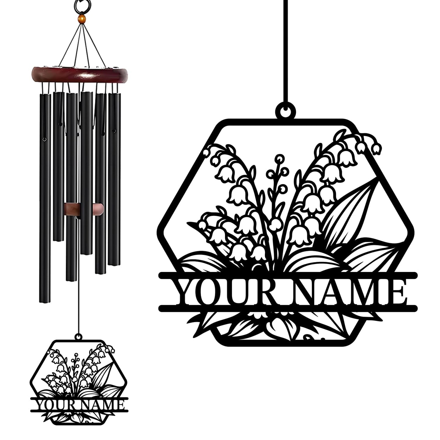 WindWink Personalized Customize Name Lily of The Valley Wind Chime, Metal Iron 37 Inch Outdoor Memorial Gift for Garden Yard Patio Home Florist Decor, Black,Mom Gift (Style G)