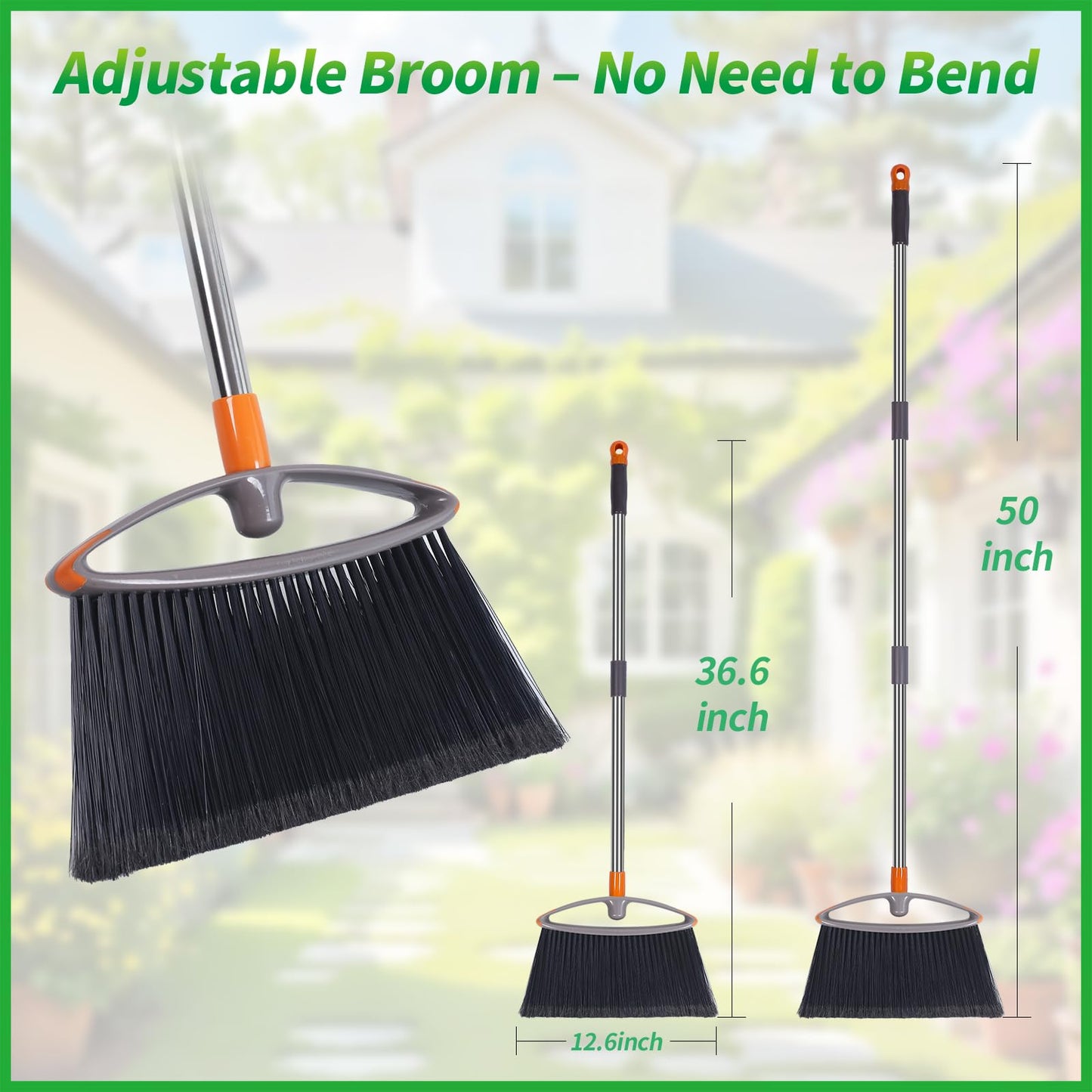 Napalona 2 Pack Soft Bristle Broom for Pet Hair, Heavy Duty Collapsible Sweeping Broom for Indoor Hardwood Floors, Outdoor Deck, Kitchen, Patio, Stainless Steel Handle, Gray