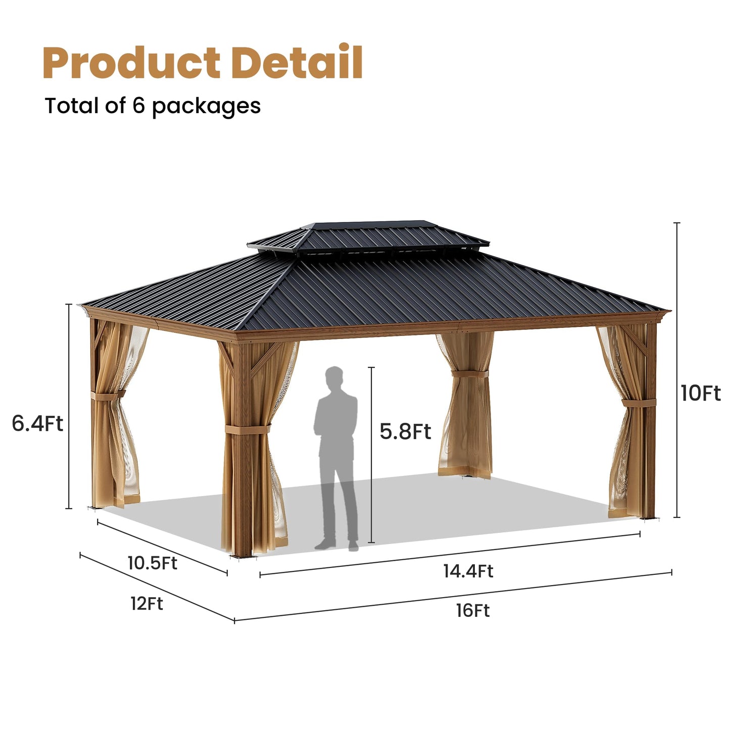 COSIEST 12X16 FT Hardtop Gazebo Rustproof Double Roof Big Size Metal Gazebo with Woodgrain Steel Columns & Netting Curtains Poolside,Deck,BBQ Area (Wooden Look)