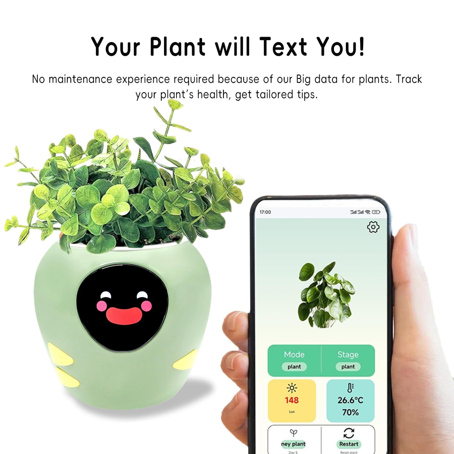 Itigoitie Smart Pet Planter, Smart Plant Pot, 3 Smart Growth Modes, App Plant Detection, and Multiple Expressions Animation,Robot Flower with Feelings, for Desktop Decoration, Gifts (Green)