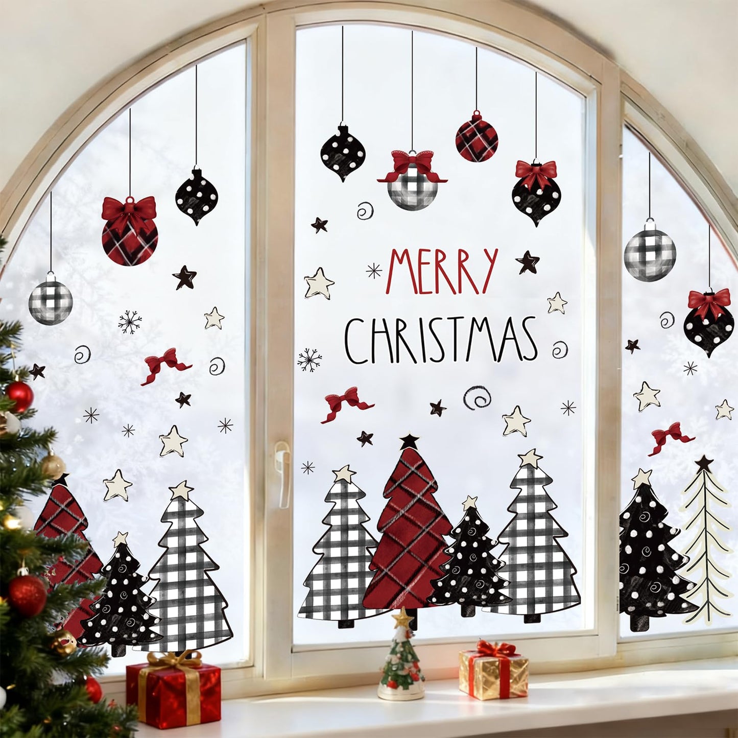 Whaline 9 Sheets Merry Christmas Window Clings Red Black Xmas Tree Ball Snowflake Window Stickers Plaid Polka Dot Design Double-Side Glass Decals for Home Party Decorations, 7.9 x 11.8 Inch