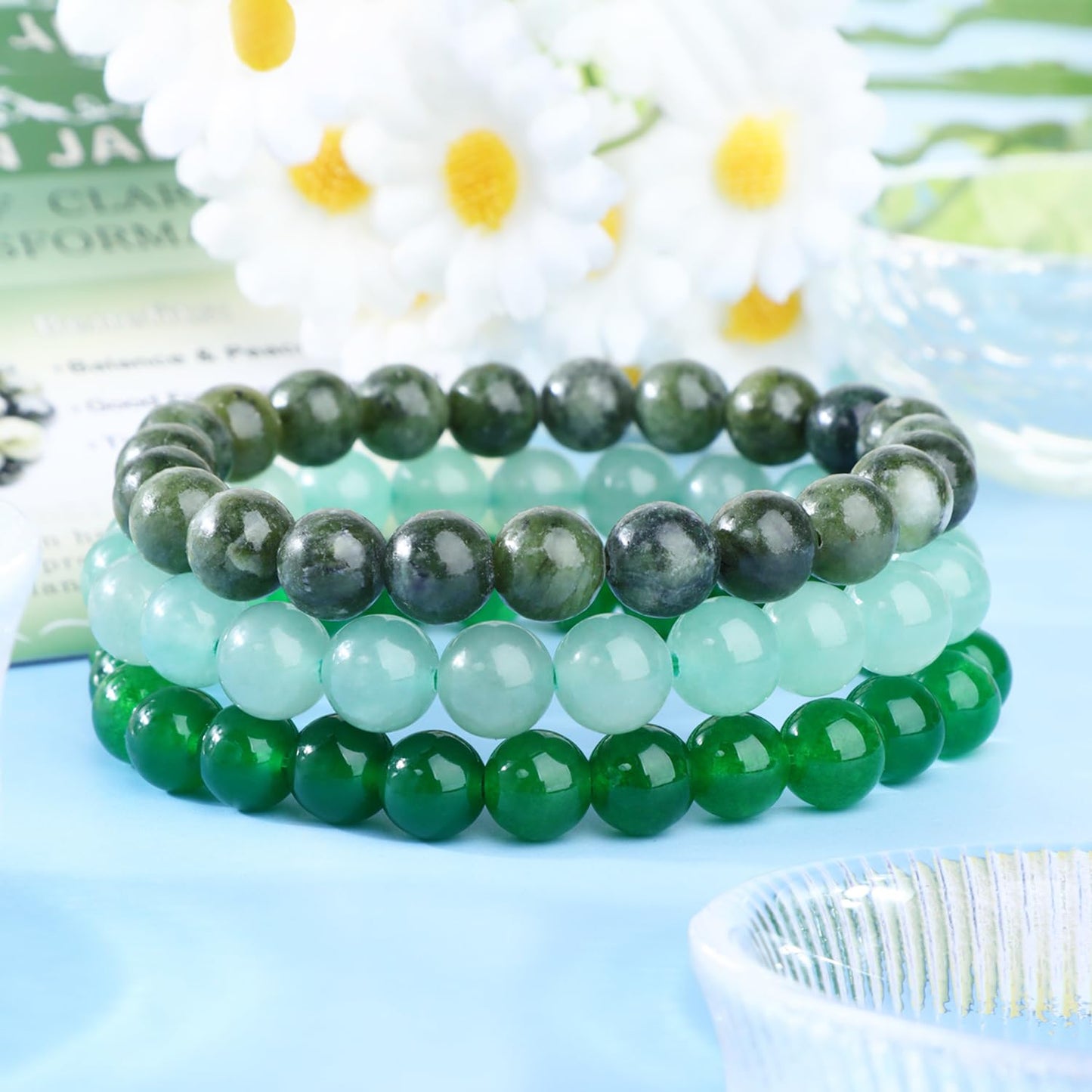 CMBYN 3-Pieces 8mm Natural Crystal Gemstone – ﻿Green Jade, Green Aventurine, Taiwan Jade Handmade Reiki Energy Healing Stretch Bracelets Jewelry for Yoga, Meditation, Unisex
