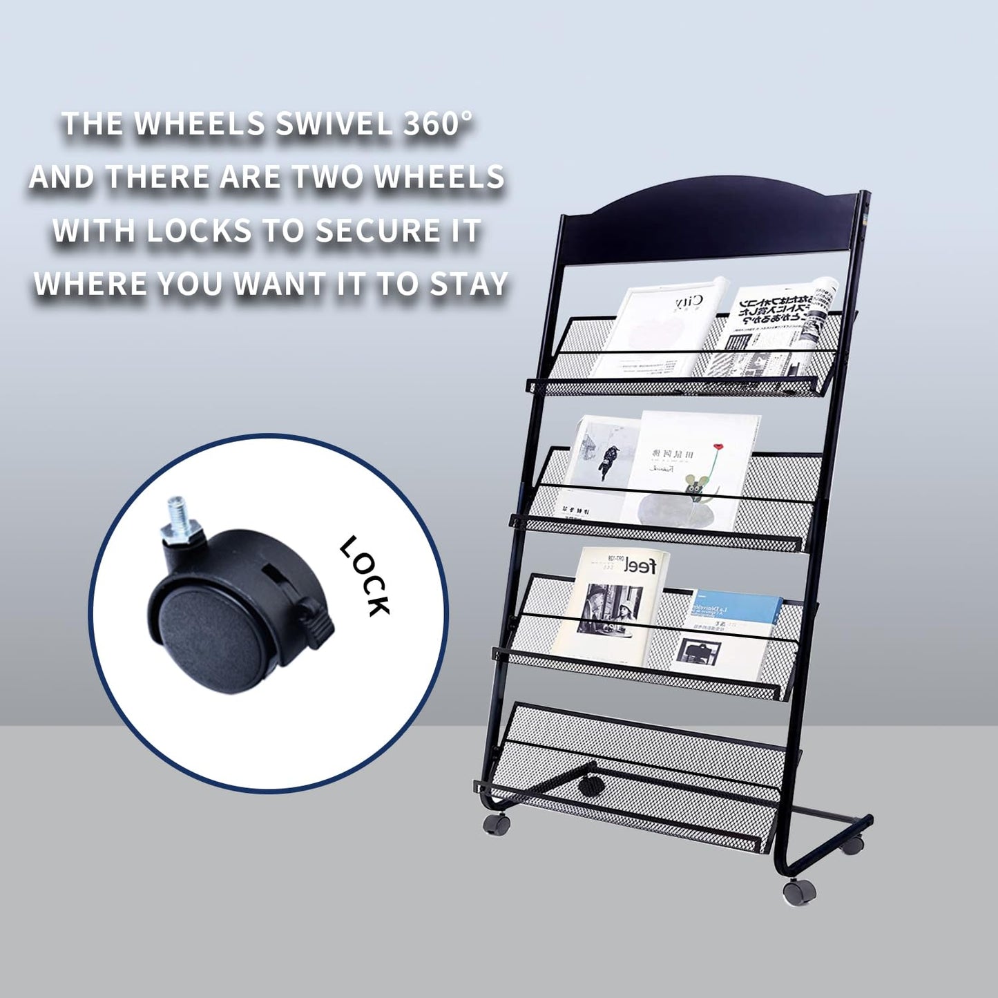 Vmsiuory Floor Standing Magazine Rack,The Wheels with Locking 4 Tier Document Display Rack for Exhibition Office Shopping Mall Waiting Room and Other Places （BLACK