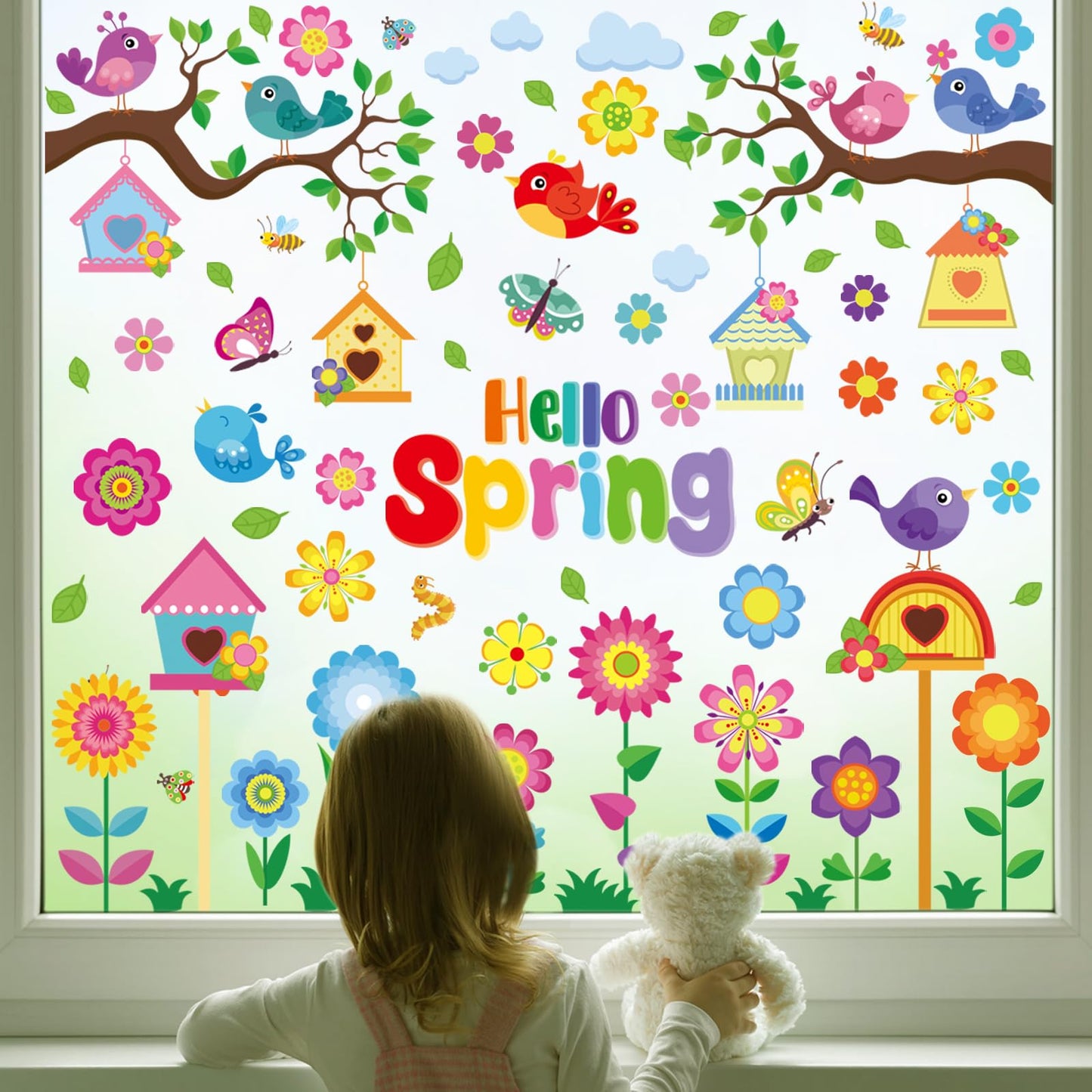 Vibrant Spring & Summer Window Clings - 9 Sheets 127PCS Removable & Double-Sided with Flowers Butterflies Birds Birdhouses - Window Stickers for Glass Windows Home Classroom Office Store Decorations