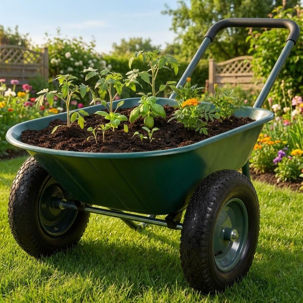 Garden Wheelbarrow Cart, Heavy Duty Utility Cart with Dual Wheels and Built-in Stand, Iron and Plastic Yard Cart for Home, Lawn and Garden