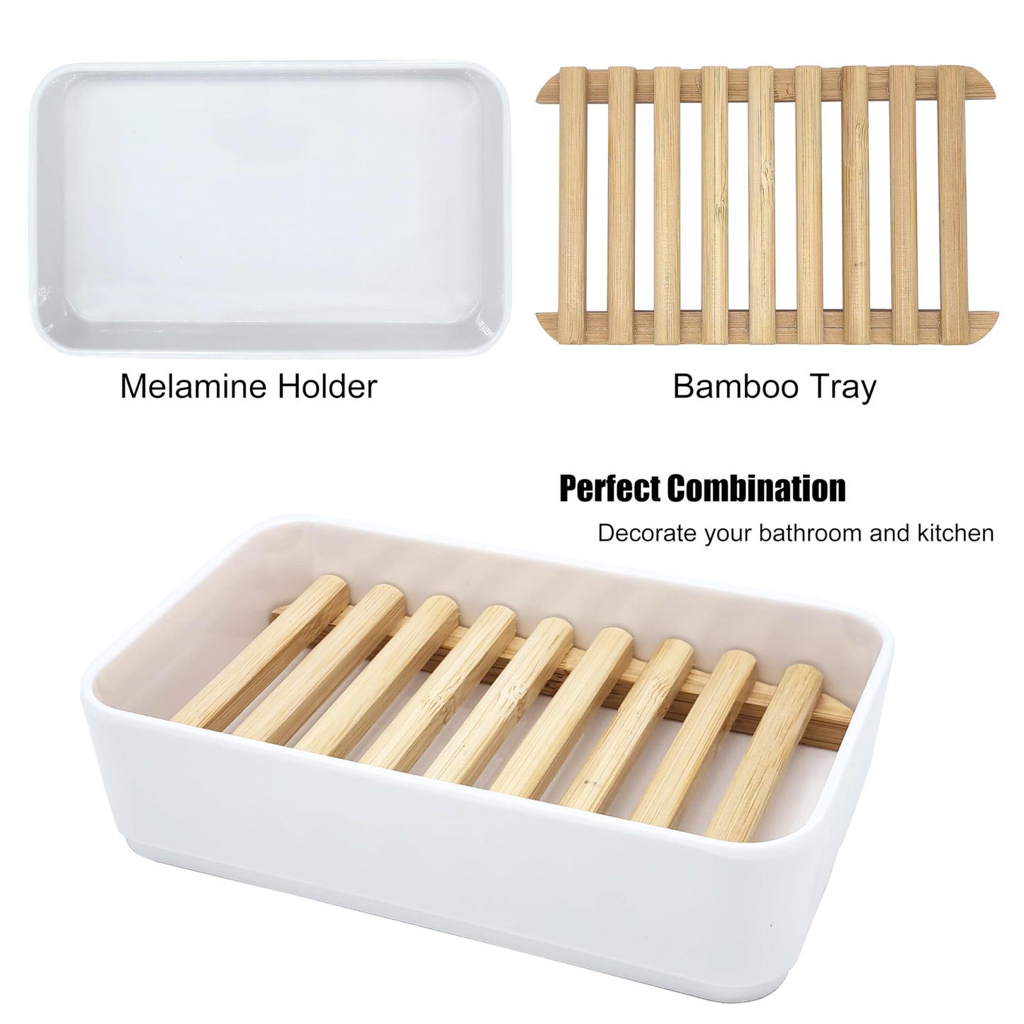 Latomex Soap Dish Holder, Bamboo Self-Draining Soap Box, Soap Dishes Holder for Shower, Bathroom, Kitchen, Bathtub, Bar Sink (White, 1 Pack)