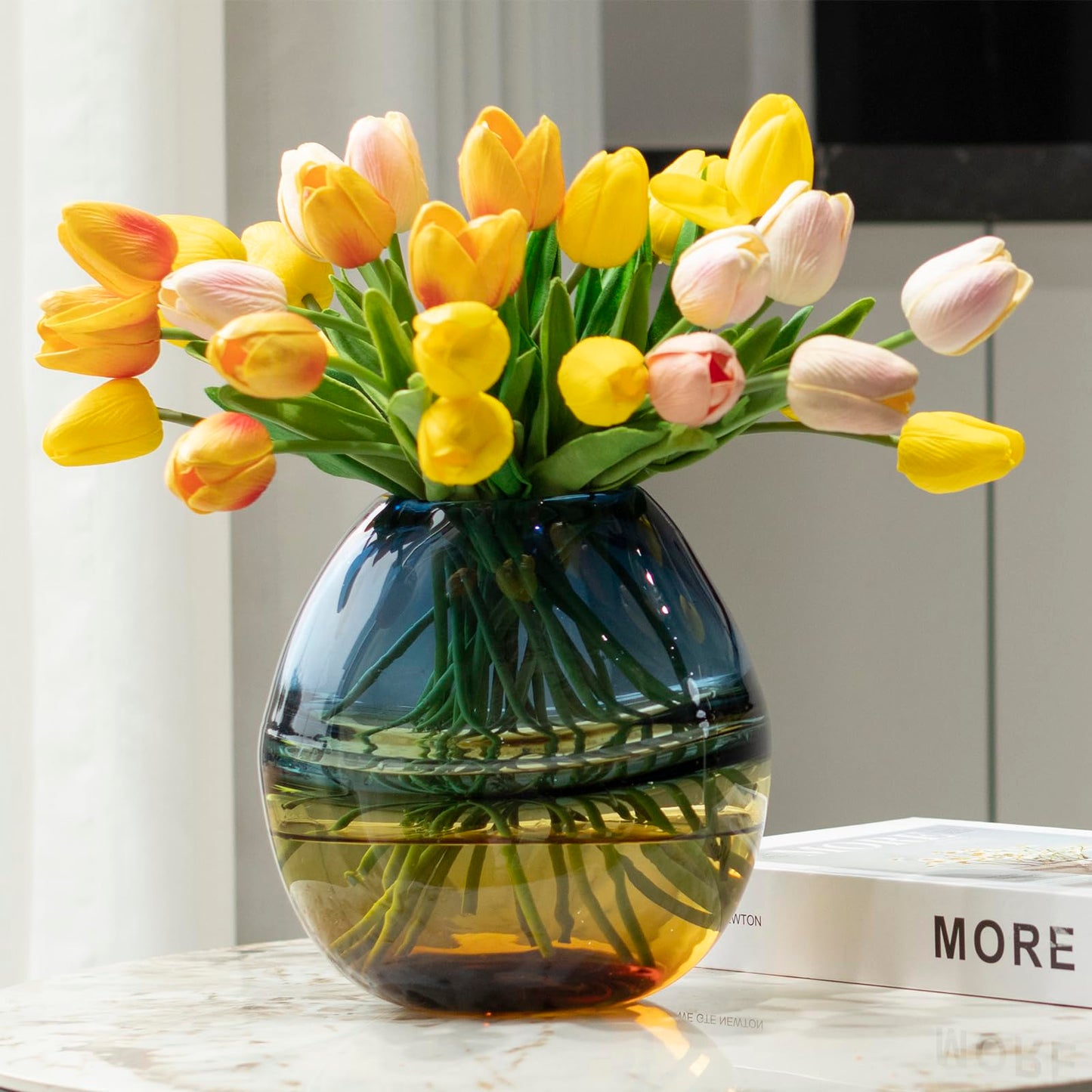 Glass Handmade Decorative Vase Ombre Centerpiece Vase with Yellow Base, Flower Vase for Home Decoration (Low vase)