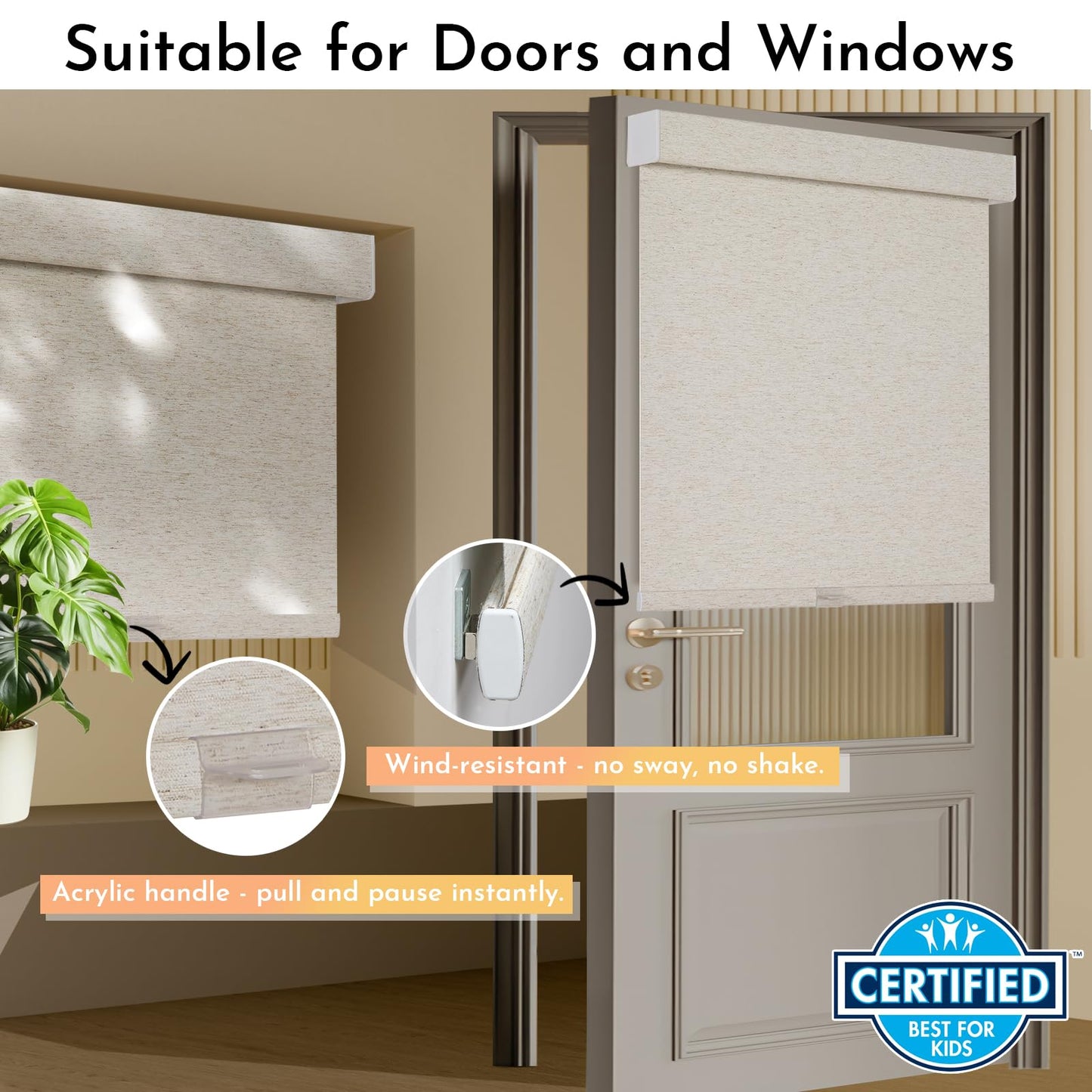 Persilux Blackout Roller Shades for Indoor Window Blinds,Cordless,Linen Fabric,Thermal Insulated Fabric UV Protection Shades for Home,Office,Bedroom,Door,Blackout-Cream,16" W X 64" H