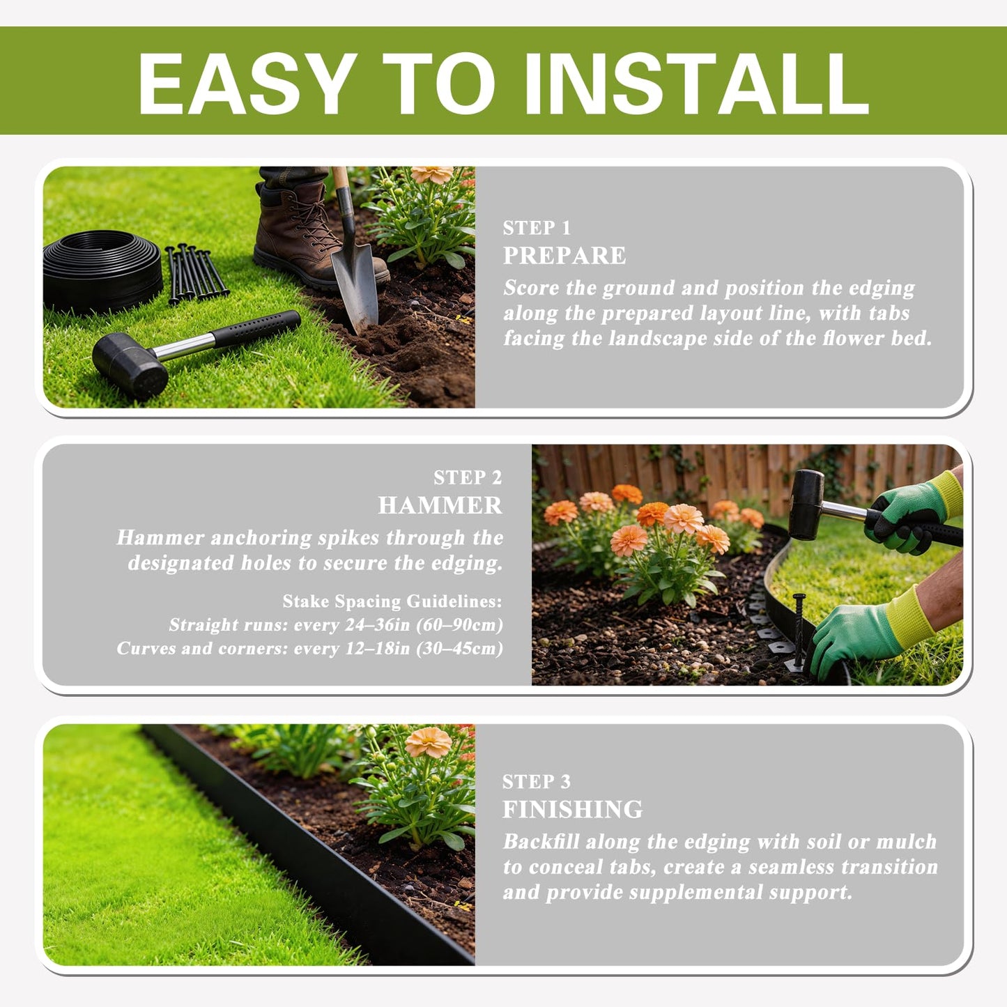 1.5in x 100ft No Dig Landscape Edging, Garden Edging Border with 150 Spikes, Hammer & Gloves, Tool-Free HDPE Lawn Edging Kit for Garden Yard Flower Beds Pathway Landscaping Project