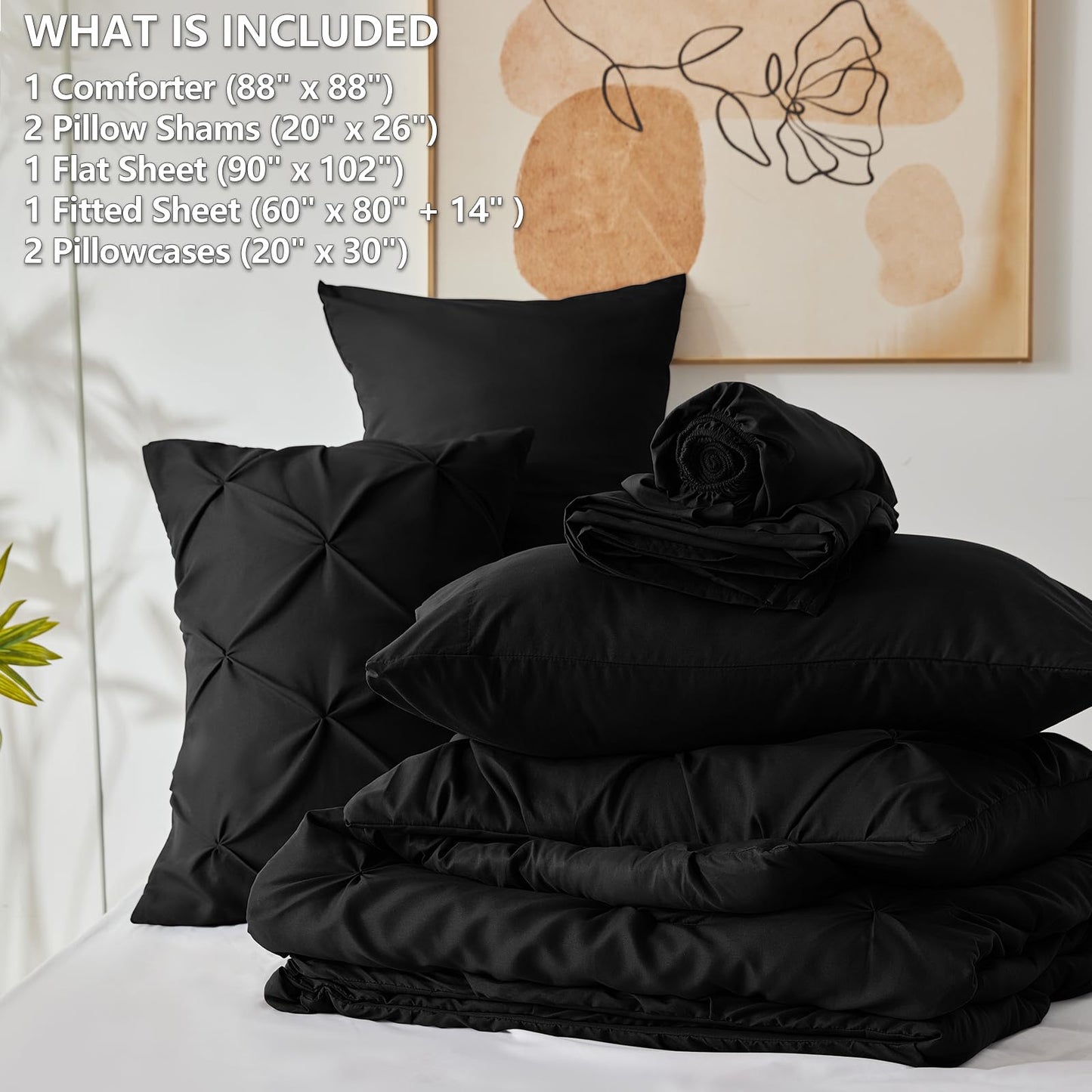 CozyLux Queen Comforter Set Black, 7 Pieces Pintuck Bed in A Bag, Premium Black Comforter Queen Size, Pinch Pleat Bedding Sets with Comforter, Sheets, Pillowcases & Shams