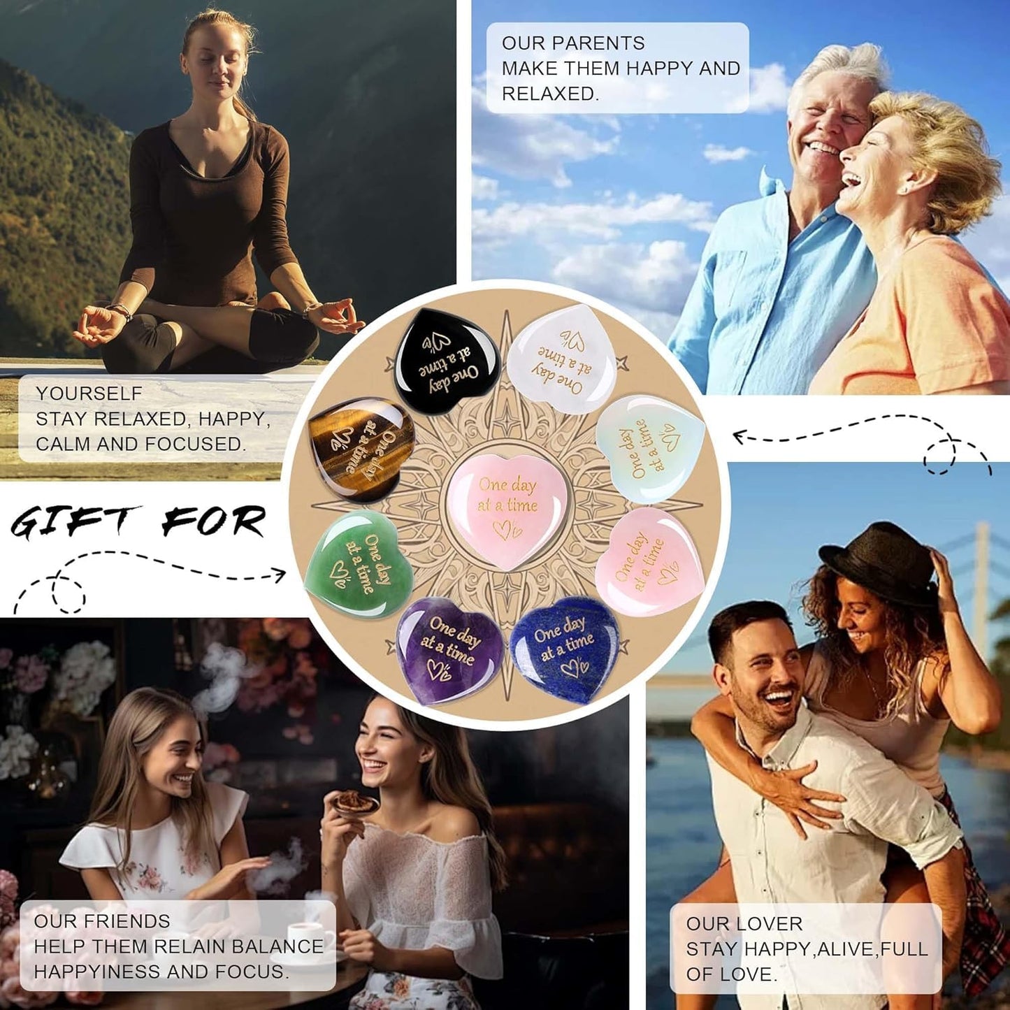 QINJIEJIE Tiger Eye One Day at A Time Heart Stones Healing Crystal Thinking of You Gifts for Anxiety Relief Items You Got This Inspirational for Best Friend Encouragement Gift for Women Men