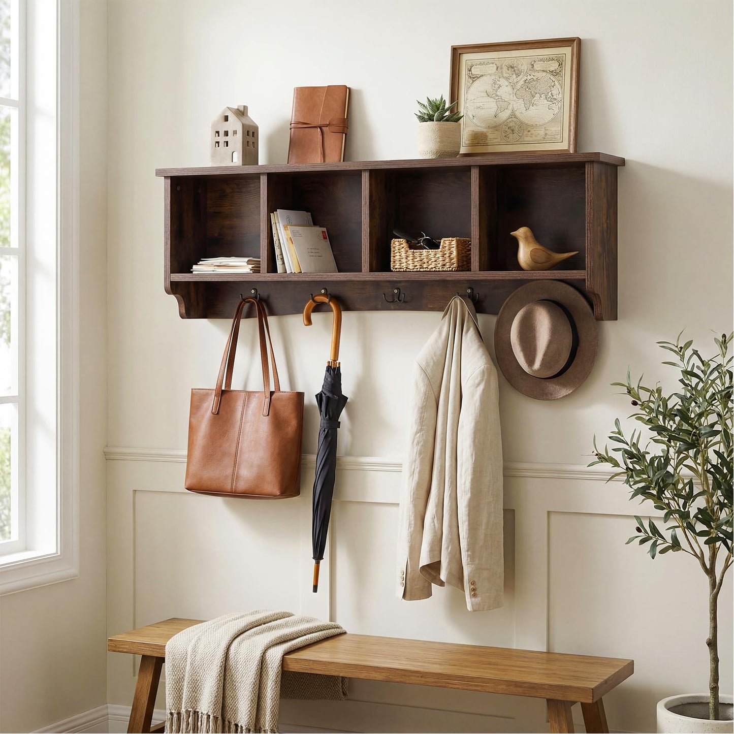 Giantex Wall Mounted Coat Rack, 28.5'' Wooden Floating Shelf with 4 Cubbies & 5 Double Hooks, Modern Space-Saving Storage Display Organizer for Entryway, Hallway, Mudroom (Rustic Brown)