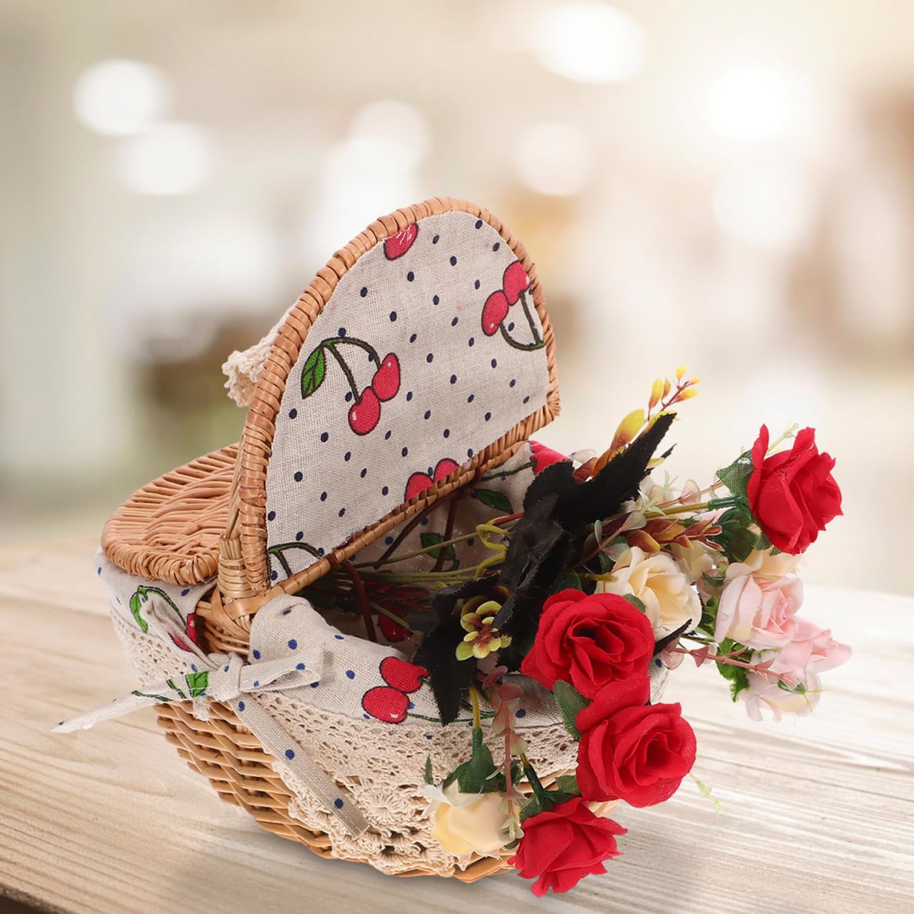 Wicker Picnic Basket with Handle and Lid: Small Handheld Rattan Woven Easter Eggs Collecting Storage Basket for Eggs Fruit Vegetable Picnic Camping and Kitchen Decor 10.23 X 9.44 X 7.28 Inches