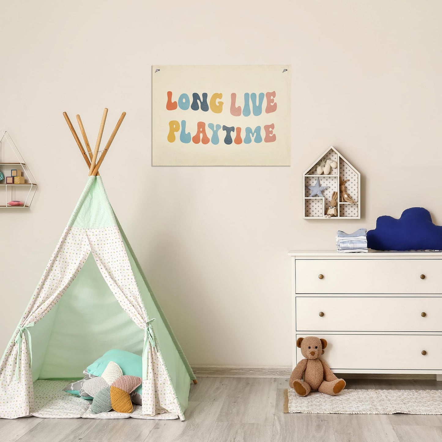 100% Cotton Canvas Long Live Playtime Banner, Toddler Kids Room Nursery, Odor-Free Printed Wall Decor Hanging, Kids Room & Playroom Wall Decor