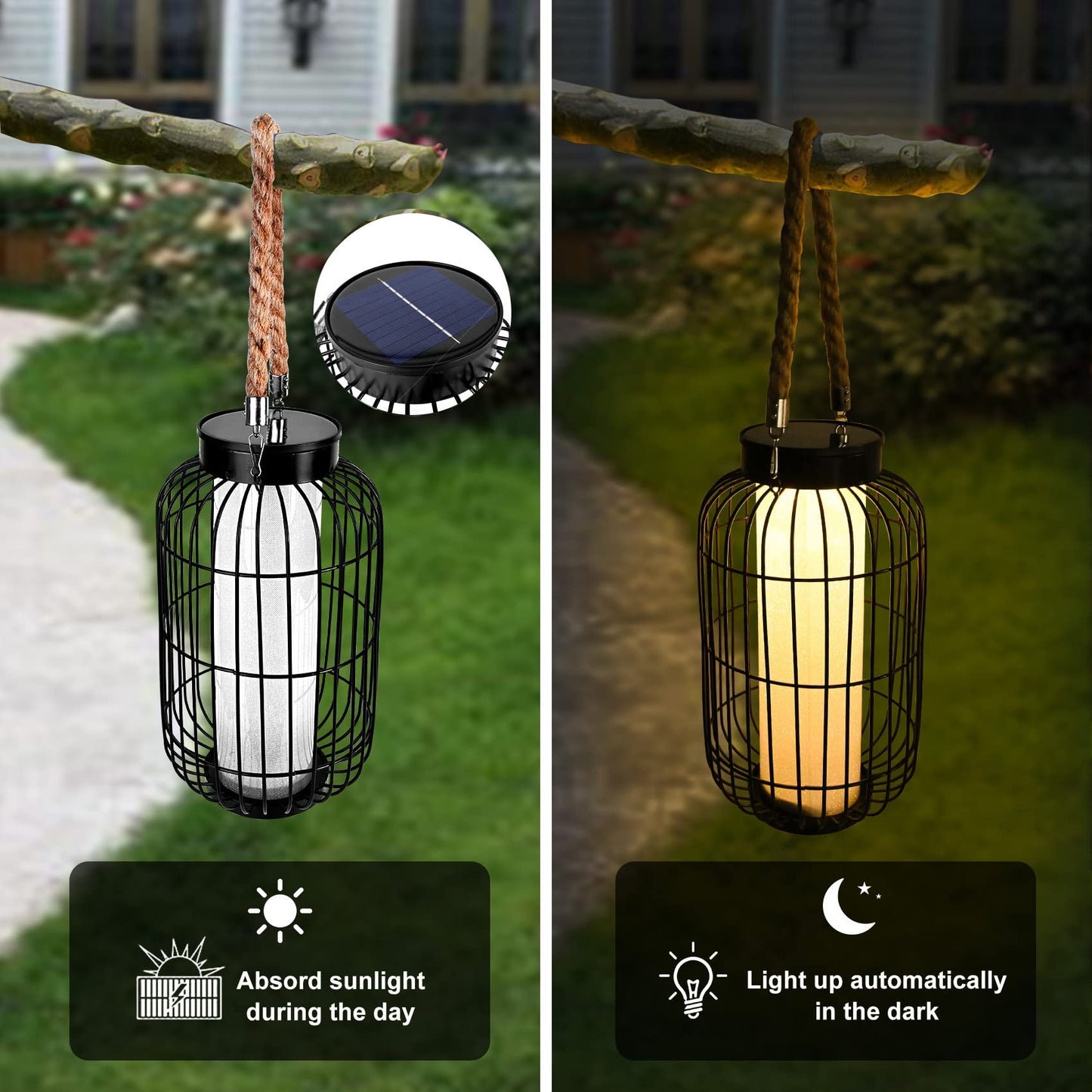 baterysu Large Outdoor Solar Lanterns Hanging Light Waterproof LED Garden Lights solar powered Retro Metal Auto On Off Table Lamp for Garden Patio Porch Lawn Pathway Walkway Tabletop Decorative(Black)