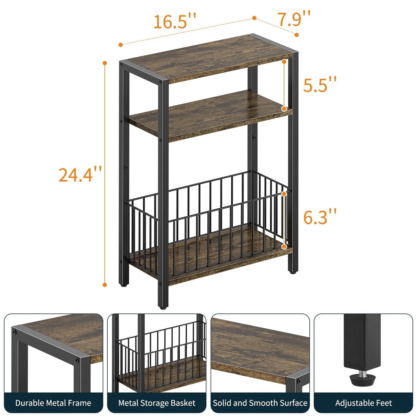 Yoobure Narrow Side Table with Storage Basket, Small End Table for Small Spaces Skinny Side Tables Living Room Bedroom, Slim Nightstand 3 Tier Bedside Table Space-Saving for Magazine, Rustic Brown