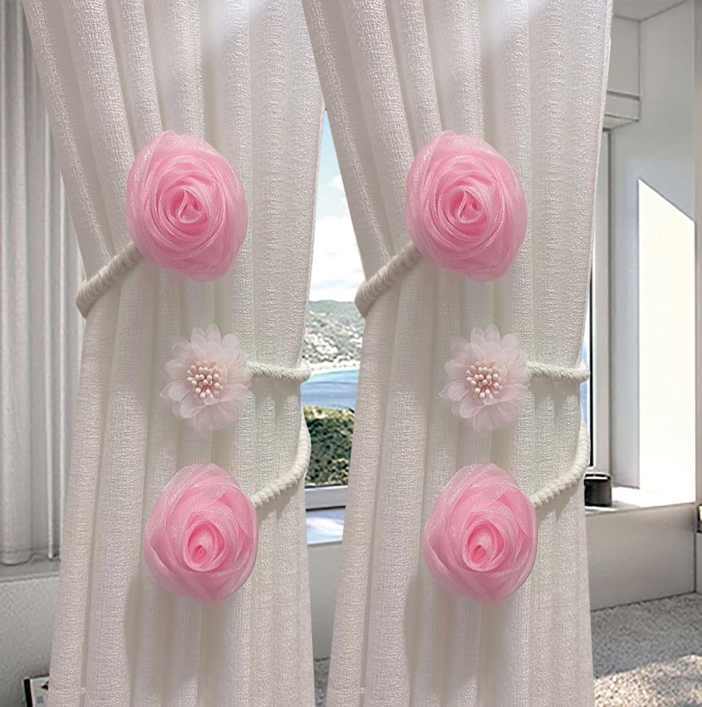 2 Pack of Curtain Tiebacks,Elegant Rose Flower Curtain Buckle,Handmade Flexible Curtain Tiebacks Decorative for Home/Office/Patio