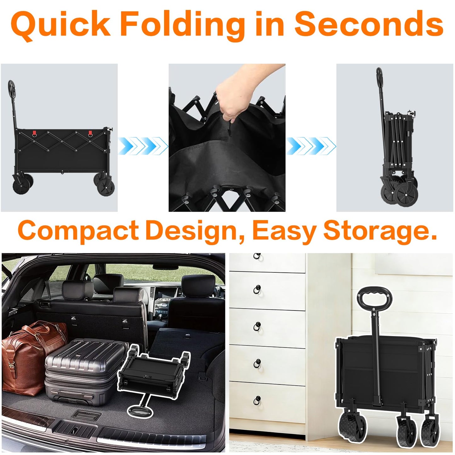 360LBS Collapsible Wagons Carts Foldable, 120L Heavy Duty Folding Beach Wagon Cart with Wheels and Tailgate, Portable Utility Outdoor Wagon for Grocery, Shopping, Garden, Sports, Camping