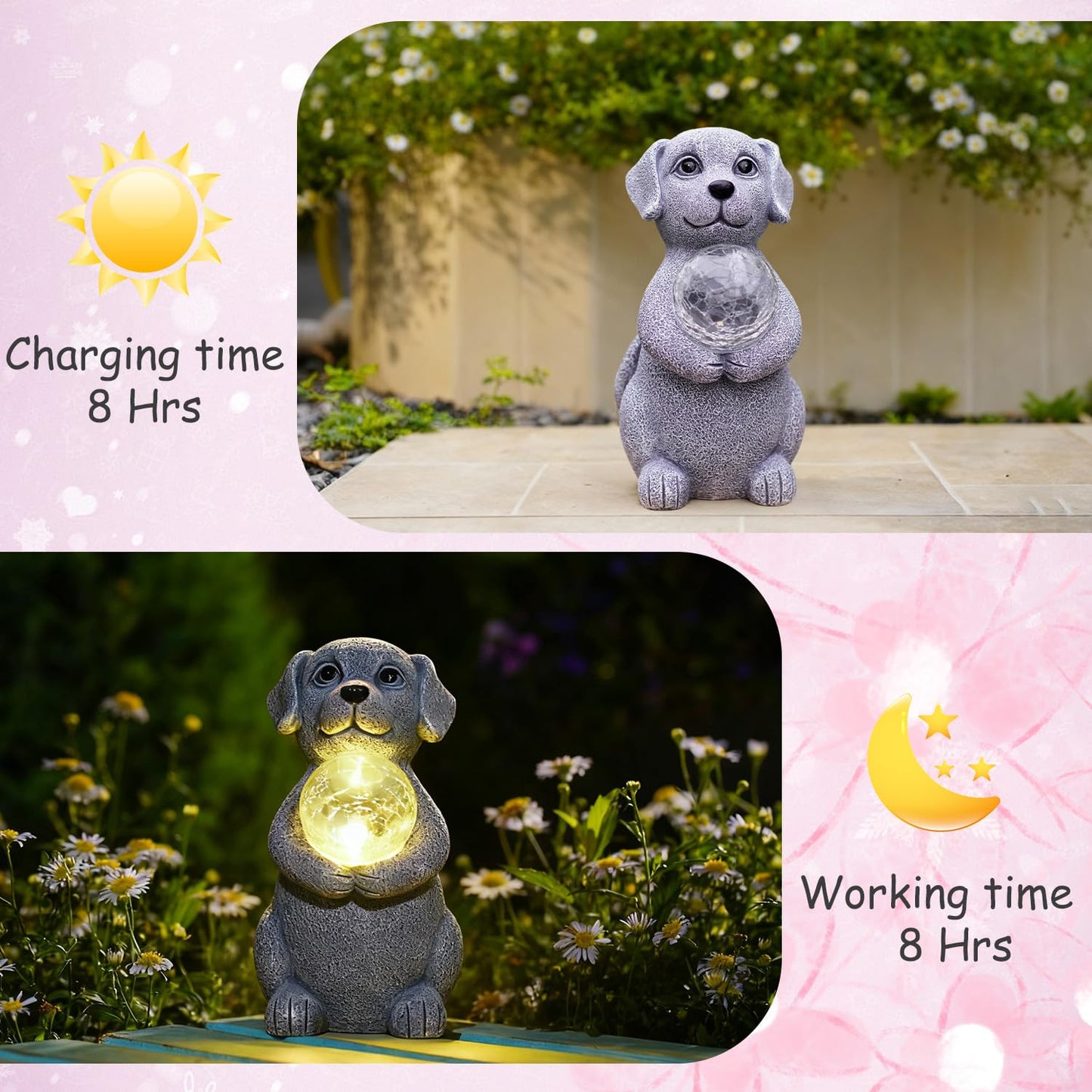 Tiejiajiang Dog Garden Statues - 8.4 Dog Decor with Gazing Ball LED Lights, Unique Gifts for Mom Grandma Birthdays, Outdoor Decor for Outside Lawn Porch Patio (Gray)