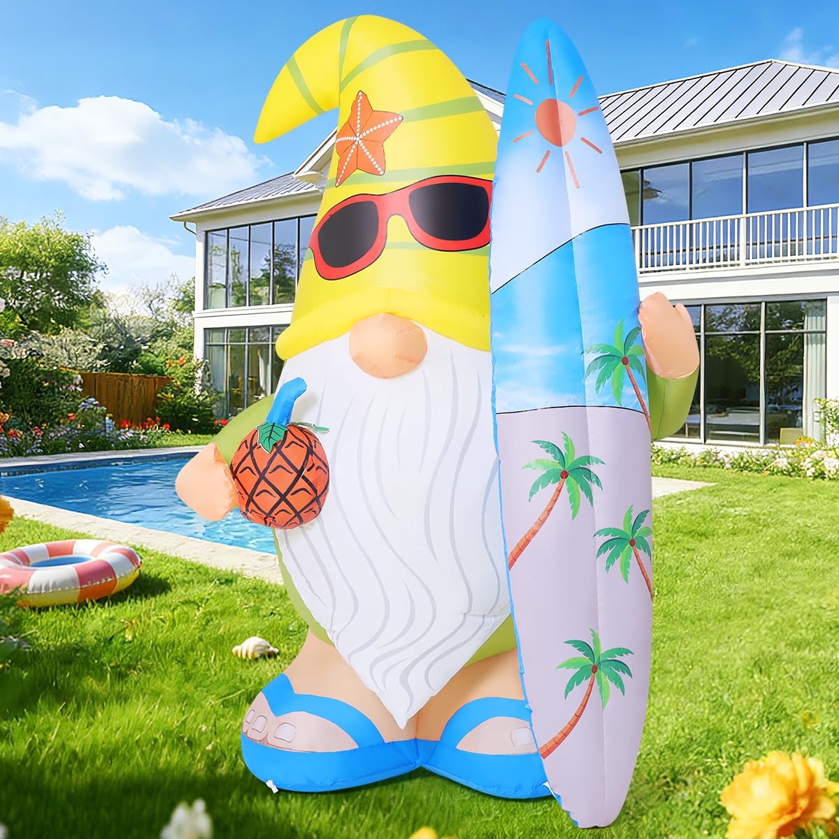 GOOSH 5.2 FT Summer Inflatables Hawaii Gnome Decorations Outdoor Blow Up Yard with Surfboard&Pineapple Built-in LEDs for Garden Lawn Indoor Party Beach Decor