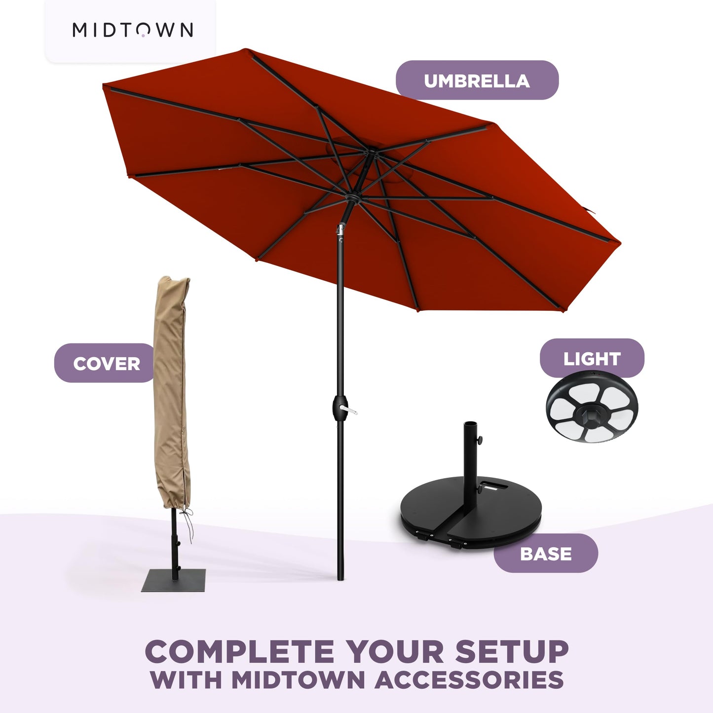 Midtown Umbrellas - 10-Year-No-Fade 10 Ft Patio Umbrella with Terylast Fabric, Auto-Tilt Aluminum Frame and 8 Reinforced Ribs for Deck, Pool, Garden & Beach - Apple Red Canopy, Black Pole