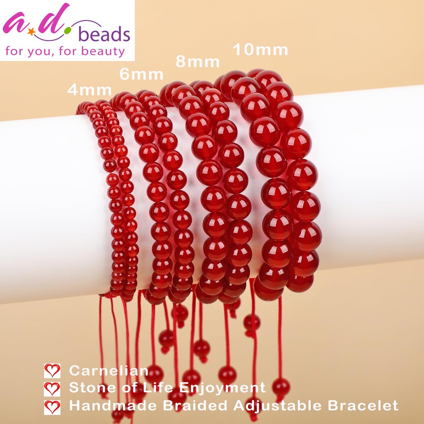 AD Beads 8mm Carnelian Bracelet - Stone of Life Enjoyment - Handmade Natural Stone Crystal Bracelet with Adjustable Macrame String - Yoga Healing Power Energy Gifts for Men and Women