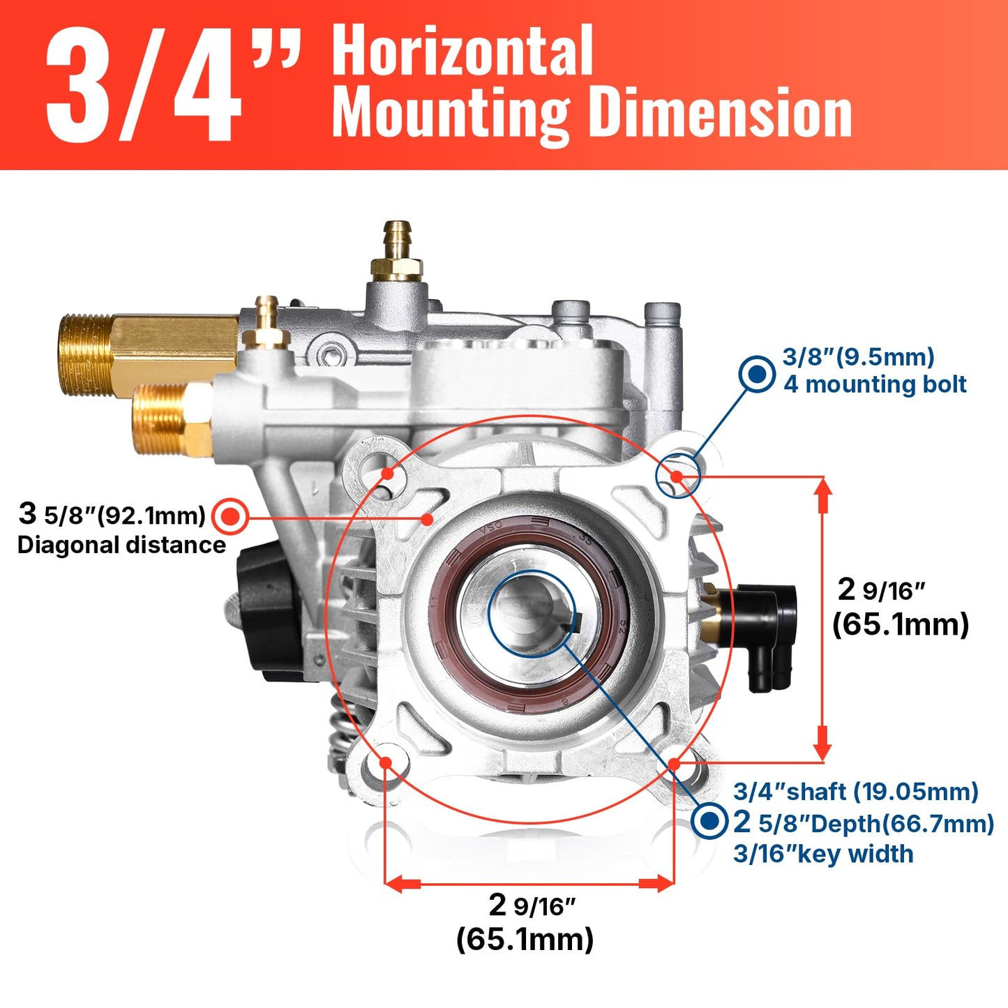 YAMATIC 3/4" Shaft Horizontal Pressure Washer Pump 3400 PSI 2.5 GPM Replacement Pump for Power Washer Compatible with Homelite, Troybilt, Simpson, Karcher, Honda GC160 GC190, AR RMV 2.5G30
