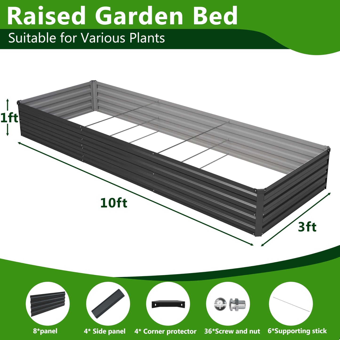 Easllre 2PCS 10x3x1ft Galvanized Raised Garden Bed,Outdoor Planter Box Metal Patio Kit Planting Bed for Vegetables Flowers Herb,Black