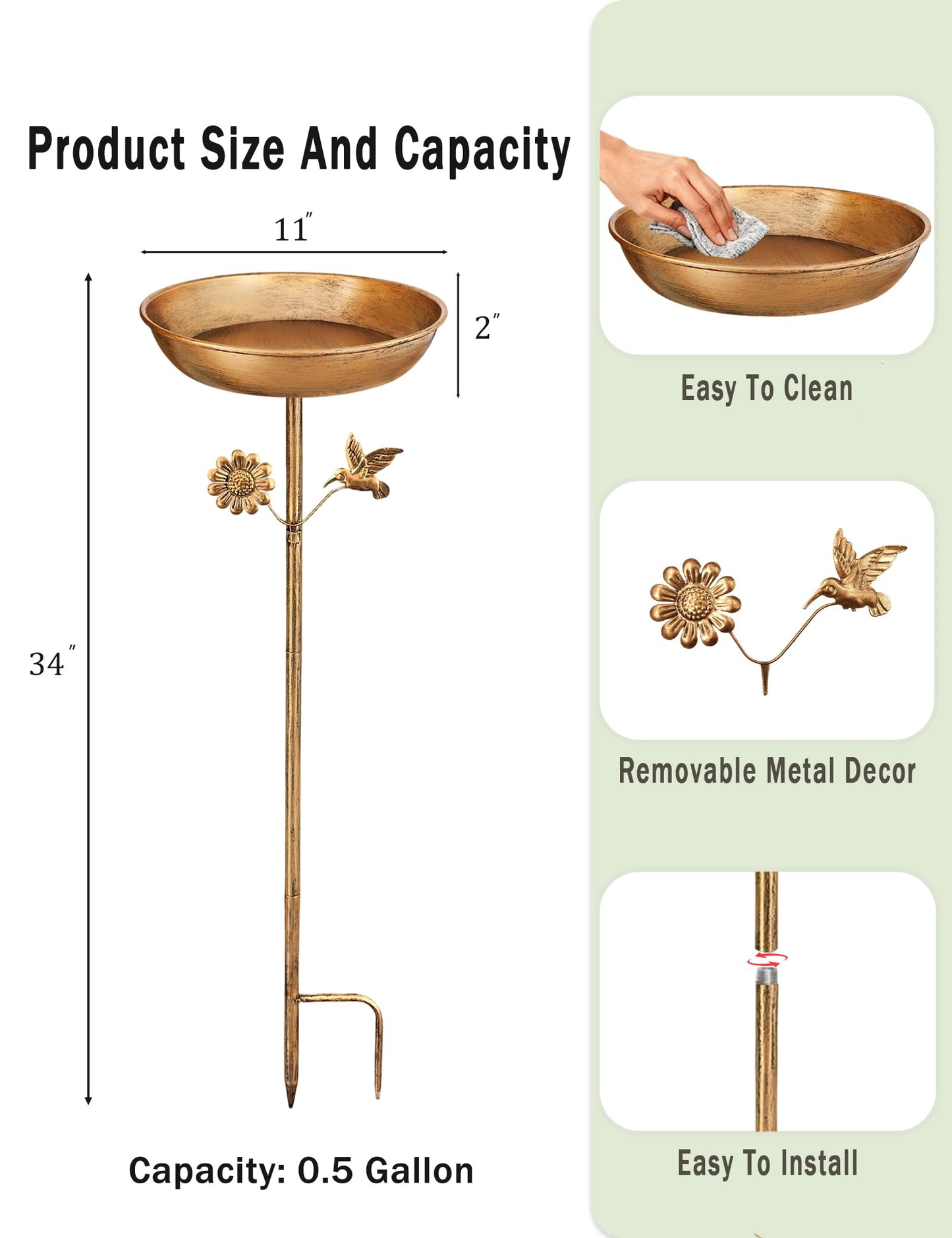 Freestanding Bird Bath with Metal Stake - 11” Antique Bronze Metal Birdbath Bowl & Feeder for Outdoor Garden Yard Decor