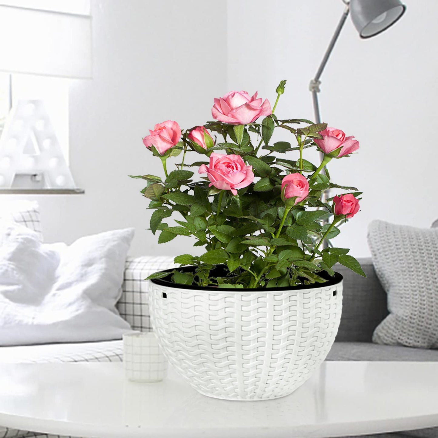 Foraineam 10.2 Inch Dual-pots Design Hanging Basket Planters Self-Watering Indoor Outdoor Hanging Flower Plant Pot with Drainer and Chain (White)