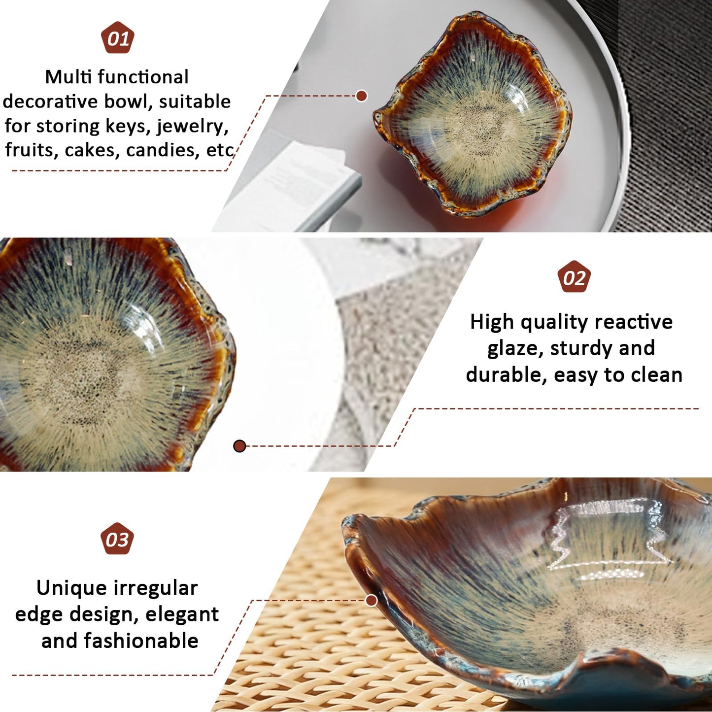 WBXZIXN 8" Ceramic Decorative Bowl，Irregular Rim Reactive Glaze Key Bowl For Entryway Table，Handcrafted Purse Catch All Bowls，Japanese Style Fruit Bowls For Tabletop or Home Decor