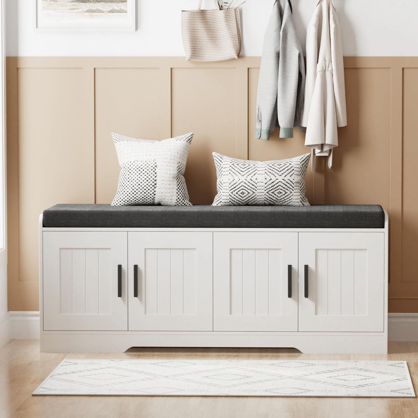 Homleke 2-Tier Storage Bench, Shoe Bench with Thickened Padded Seat Cushion, Entryway Bench with 4 Doors, Adjustable Shelf, 13.8" D x 45.3" W x 18.5" H, for Entryway, Living Room, Bedroom, White