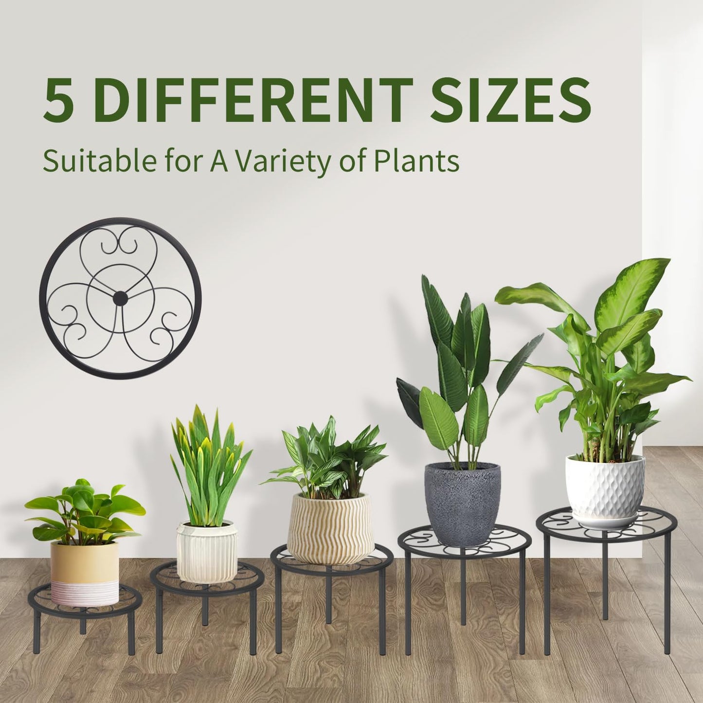 mekpiwu 5-piece set of metal plant potted flower racks, heavy-duty flower pot plant racks of different sizes, iron flower racks, suitable for indoor and outdoor home decoration (Black) (5, Black)