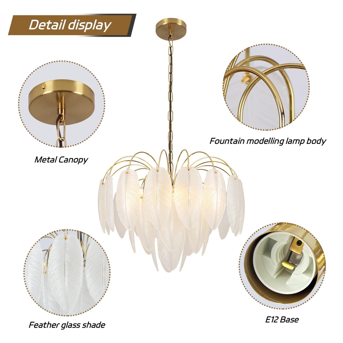 KELUOLY Modern Gold Chandelier, 19.29" Creativity Feather Glass Pendant Ceiling Light Fixtures 6-Light Round Chandelier Luxury 3 Tiers Hanging Chandelier for Dining Room Foyer Living Room Bedroom