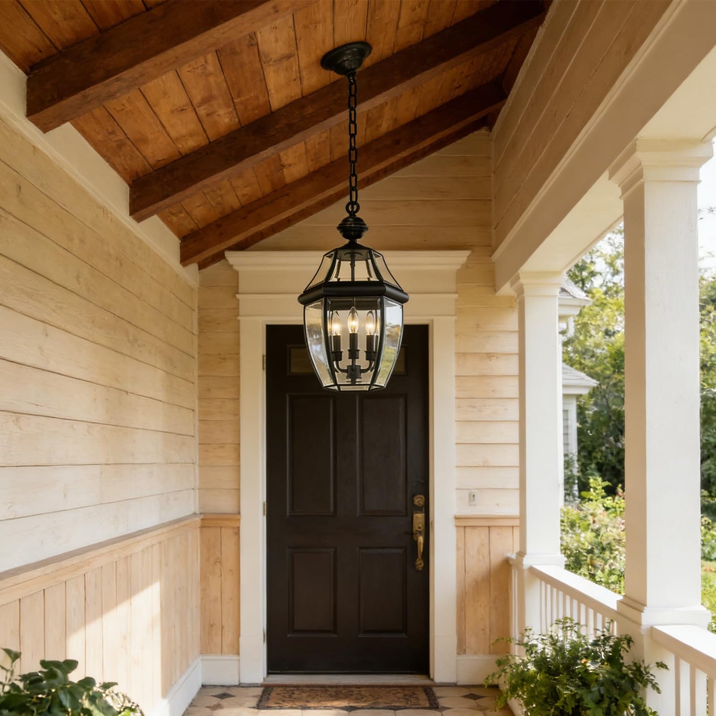 LALXUIEYC 3-Lights Outdoor Pendant Lantern Fixture, 20 Inch Large Modern Porch Light, Black Waterproof Hanging Chandelier with Clear Glass for Front Door, Patio, Gazebo, Entrance