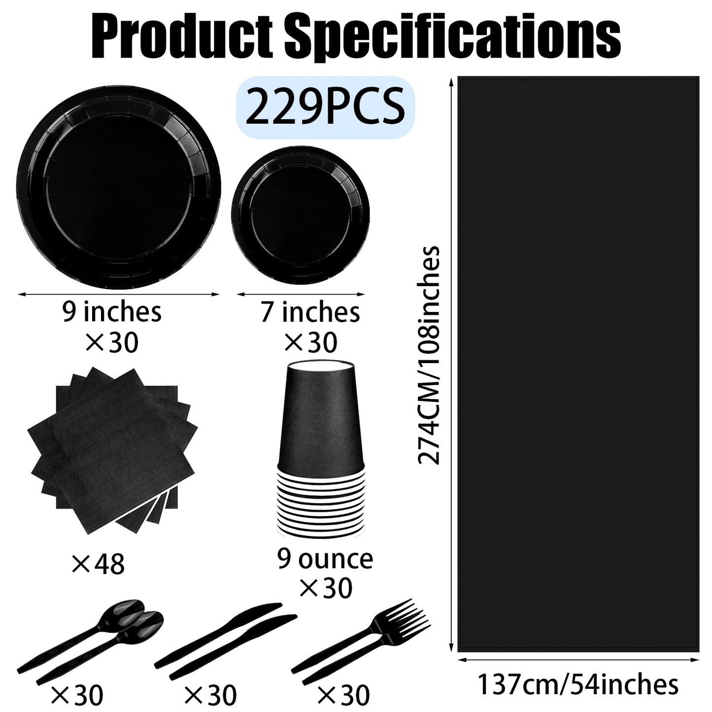 TWOWYHI 229PCS Black Party Supplies Set Paper Disposable Plates Cups Plastic Spoons Forks Knives Black Napkins for 30 Guests Disposable Party Dinnerware Sets for Wedding Birthday Parties