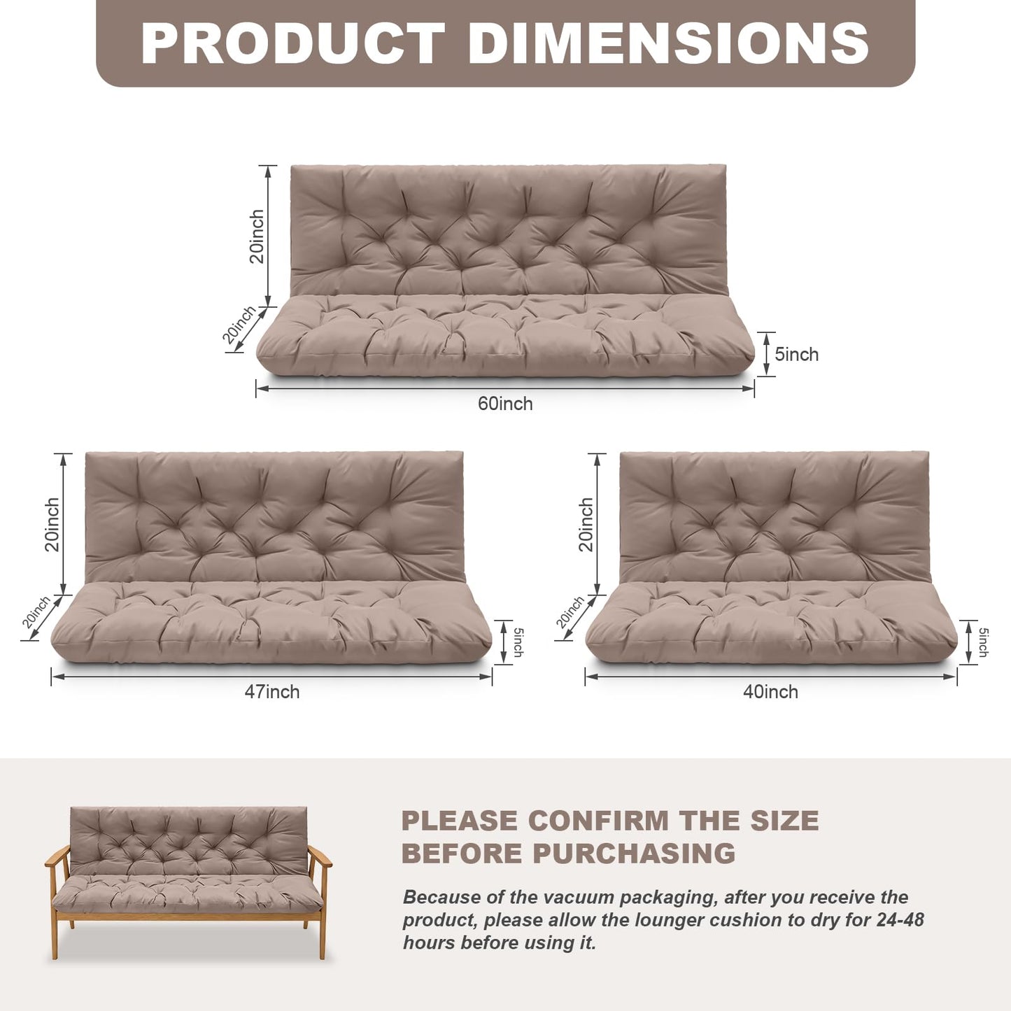 GPQAWER Outdoor Swing Cushions,Waterproof Swing Cushions 3 Seater Replacement with Backrest,Outdoor Thickened Bench Cushion with Ties for Porch,Patio,Backyard,Garden and Lawn (Khaki 60 * 40 in)