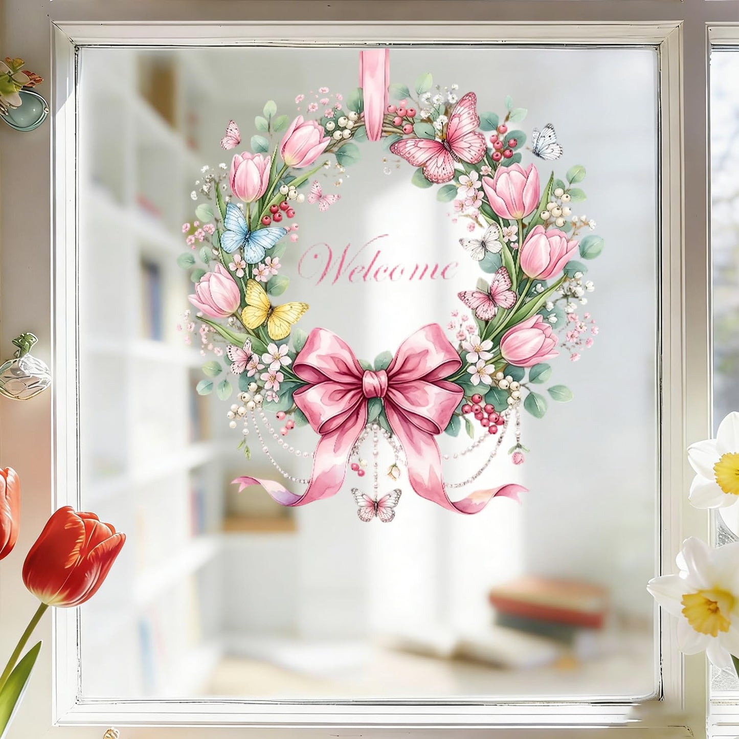 Summer Bow Welcome Window Clings Pink Tulip Flower Window Stickers with Butterfly Daisy Design Static Window Decals Easy to Clean Spring Glass Decals for Home Spring Theme Party Decor 1 Pcs