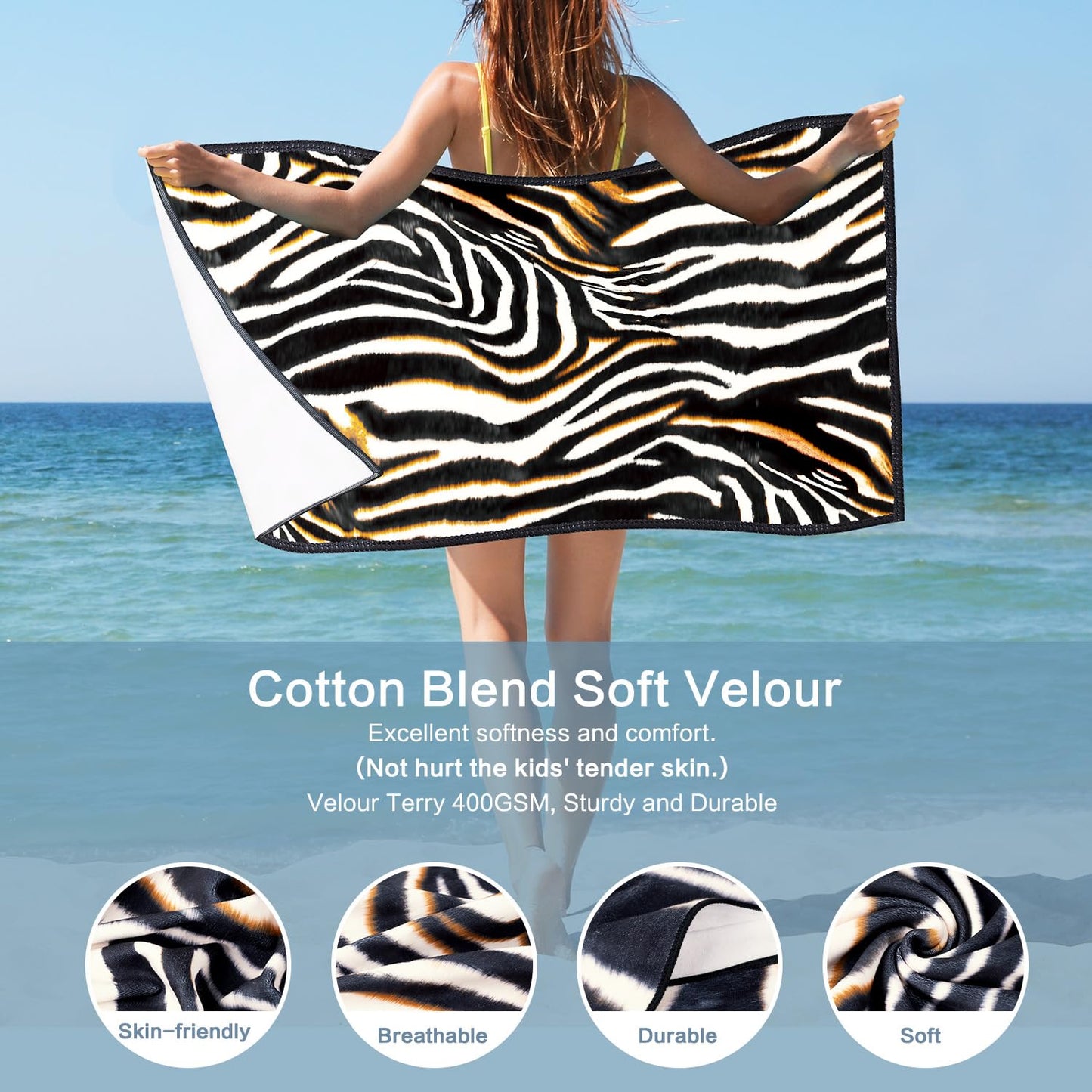 Vimorco Leopard Beach Towel Cheetah, Zebra Beach Towel Animal Print, Cotton Blend Soft Velour Camping Towel for Women Girls Kids, Absorbent Pool/Bath/Swim/Yoga/Spa/Gym/Hiking/Travel Vacation Towel