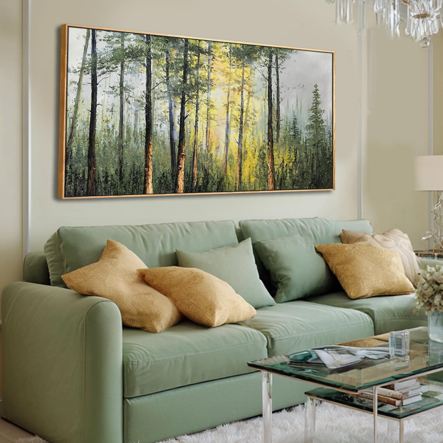 Landscape Framed Canvas Wall Art,Green Nature forest Artwork Prints,Tree Sunrise Scenery Wall Decor for Living Room Bedroom Office 24"x48"