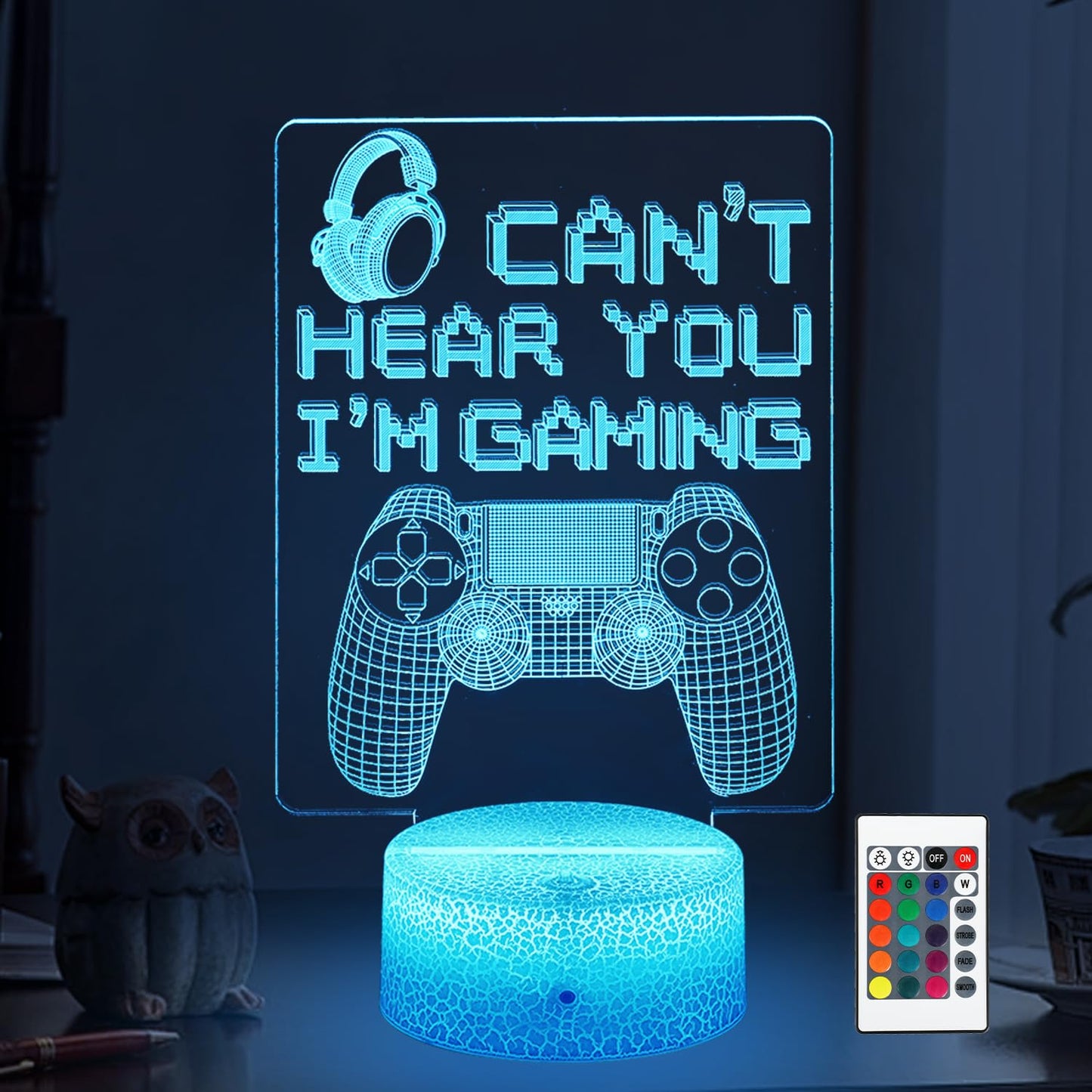 JYDZMYYM 3D LED Gaming Night Light with Remote, Can't Hear You I'm Gaming Controller Design, 16 Color Changing, USB and Battery Powered