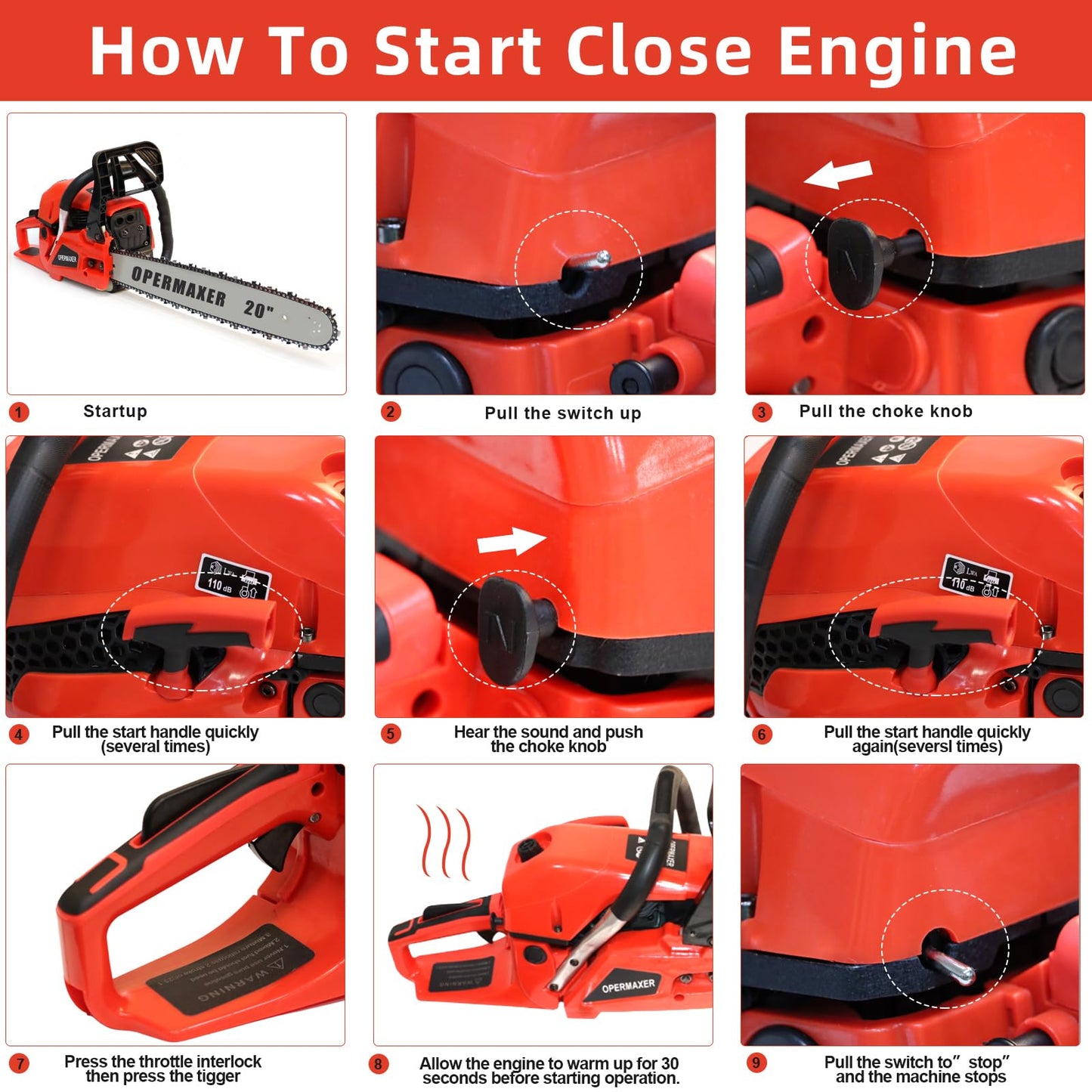 OPERMAXER 58CC 20 Inch 2-Cycle Gas Chainsaw, 12500r/min 3.8 HP Gas Power Chainsaws Handheld Cordless Petrol Chain Saw, Protective Design for Wood Cutting Garden Farm Home(Red)