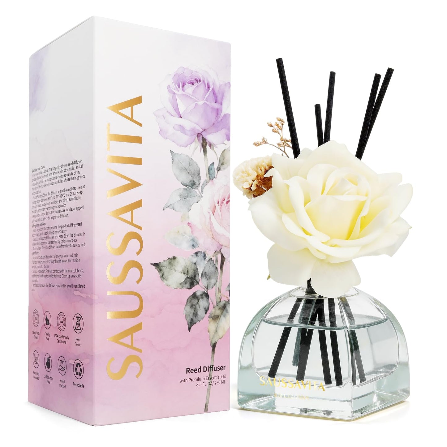 Reed Diffusers Set Flower Scented Diffuser for 140 Days, Flower Diffuser 8.5 fl oz with Dried Flowers and Decorative Rose, Long Lasting Home Fragrance with 10 Sticks for Bathroom, Shelf, Office Decor