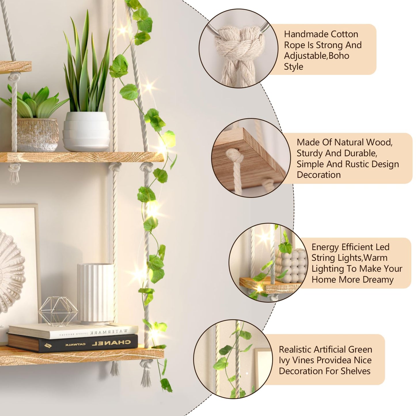 FKSLIFE Hanging Shelves for Wall,Macrame Hanging Plant Shelf with Vine Lights 5 Tier Rope Floating Shelf Wood Organizer Storage Rack Boho Wall Decor Aesthetic for Succulents Bedroom Bathroom Kitchen